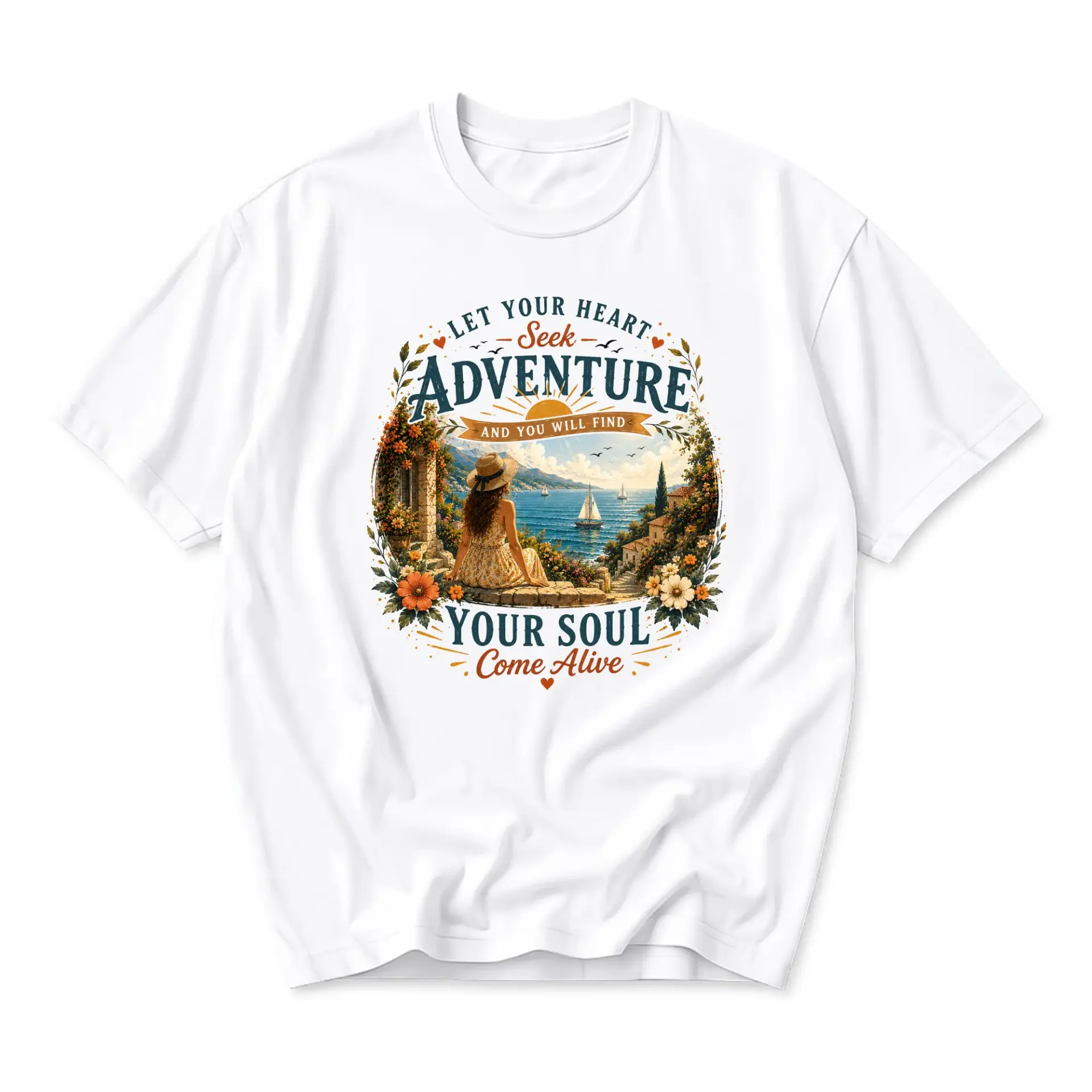 Graphic Tee Let Your Heart Seek Adventure Inspirational Quote Coastal Scenery Unisex Cotton Crew Neck Casual Shirt