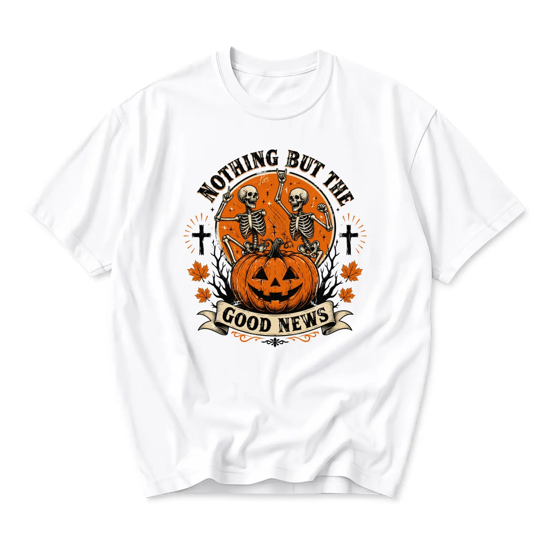 Funny Shirt Unisex Graphic Printed T-Shirt Skeleton Pumpkin Design Casual Halloween Inspired Crew Neck Apparel