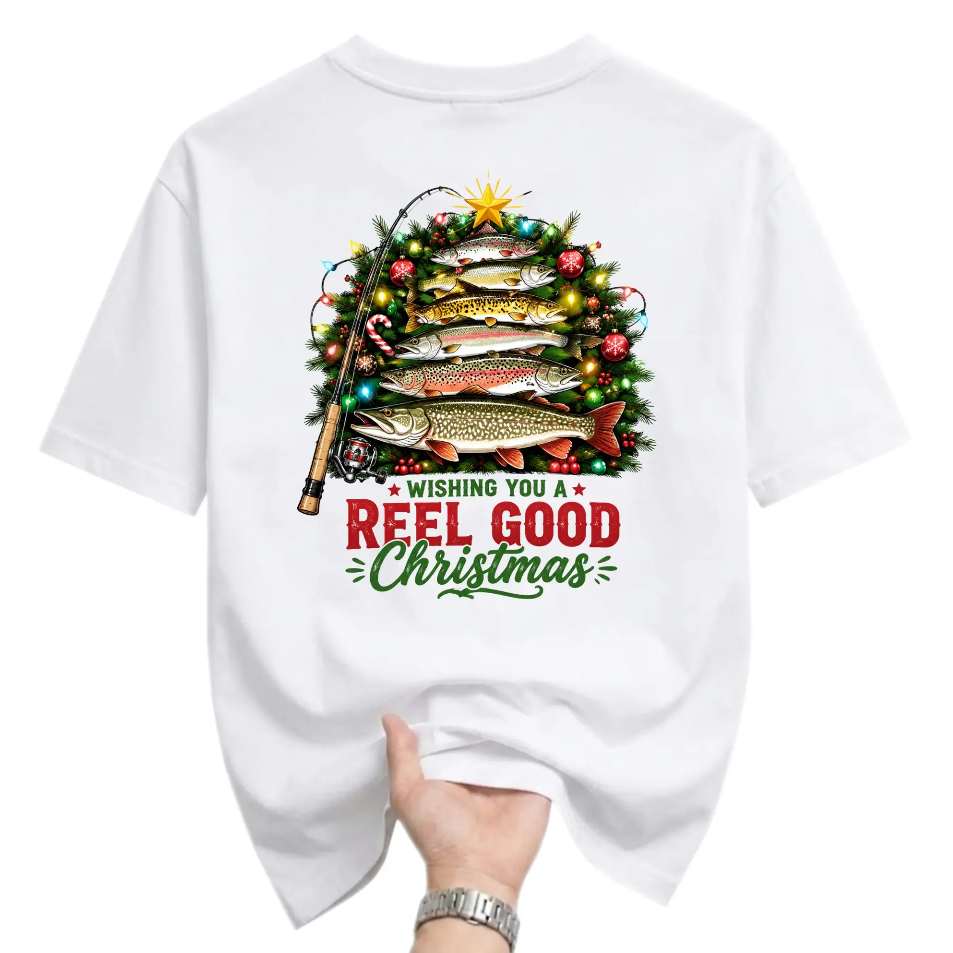 Funny Shirt Wishing You a Reel Good Christmas Graphic Tee with Fishing Theme Holiday Tree Design Unisex Crew Neck