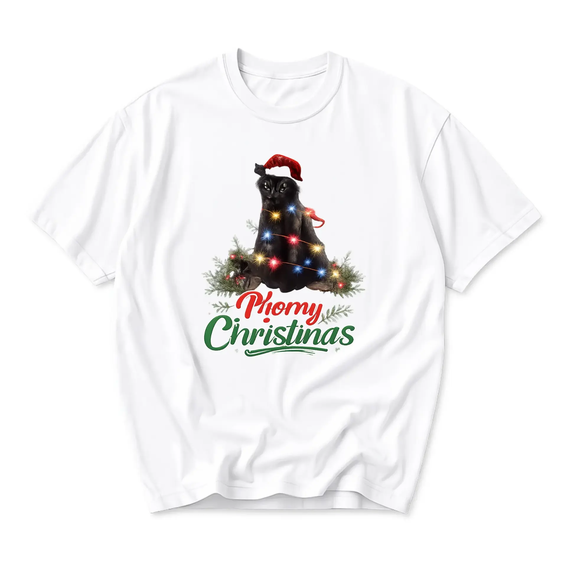 Funny Shirt Unisex Graphic Printed T-Shirt Featuring a Black Cat Wrapped in Christmas Lights for Holiday Casual Wear