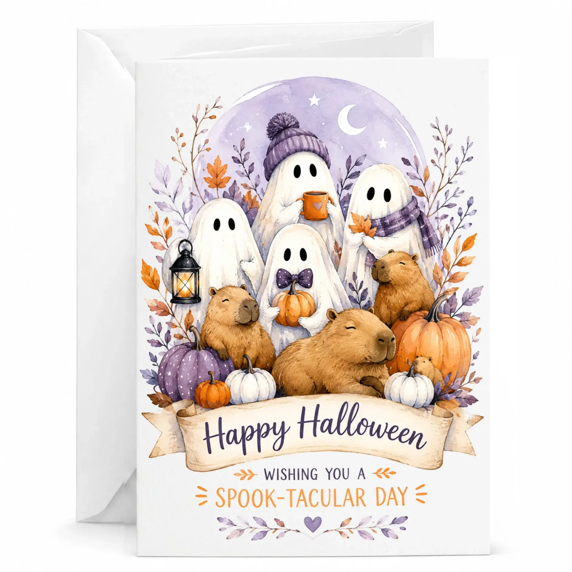 Funny Happy Halloween Greeting Card Featuring Cute Capybaras and Spook-Tacular Autumn Holiday Note