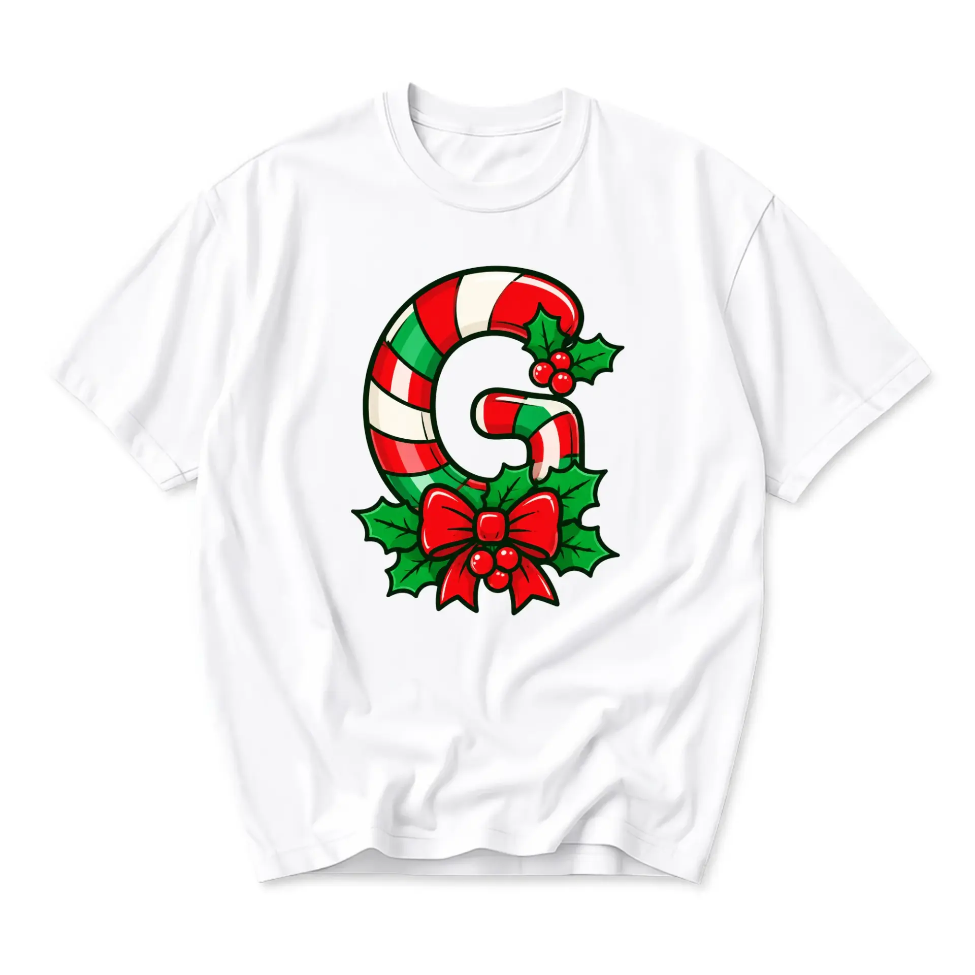 T-shirt Graphic Tee Featuring Letter G Decorated with Candy Cane Stripes and Festive Christmas Holly Berries