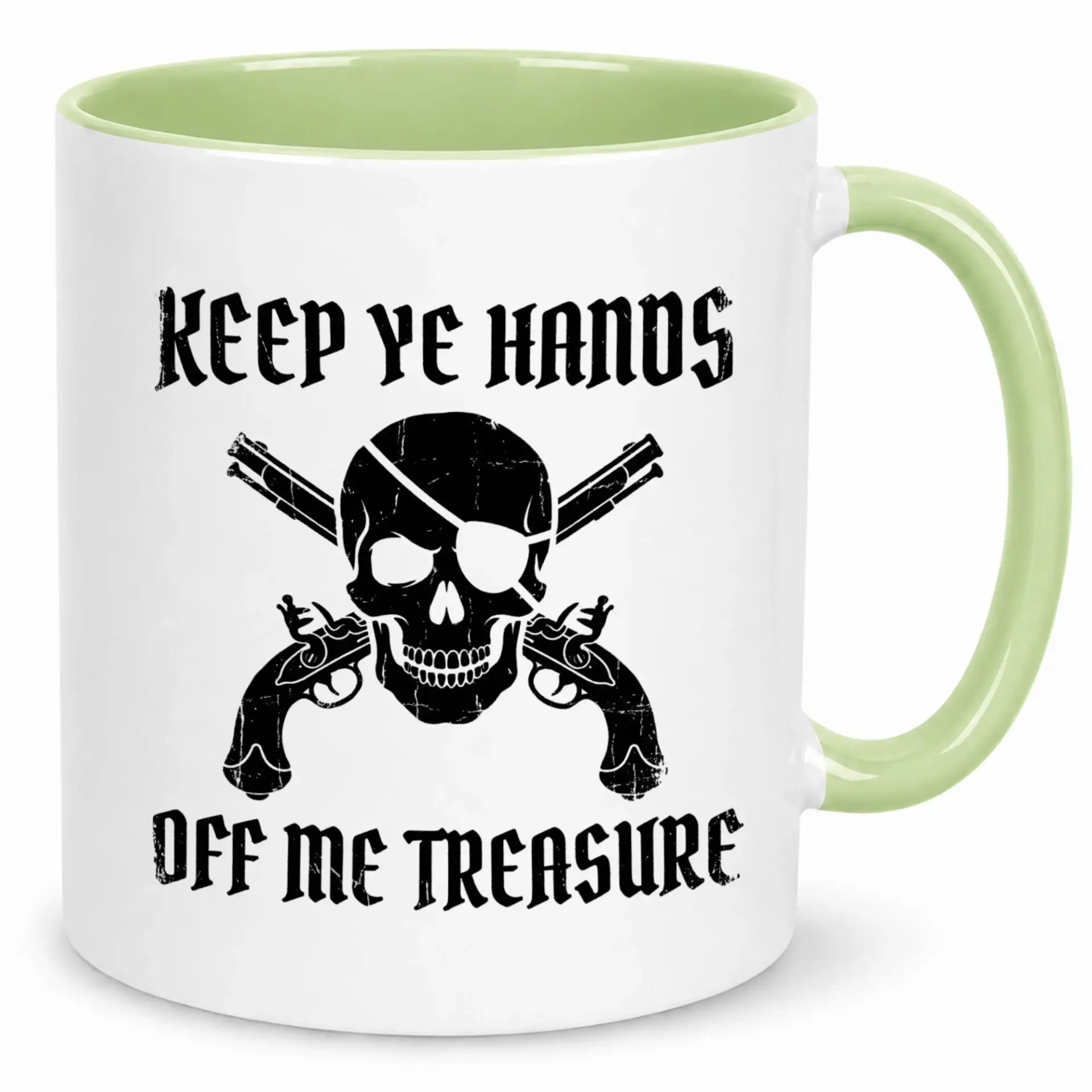 Funny Pirate Coffee Mug with Skull and Crossed Pistols Design, Unique Keep Ye Hands Off Me Treasure Ceramic Cup Gift for Beverage Enthusiasts