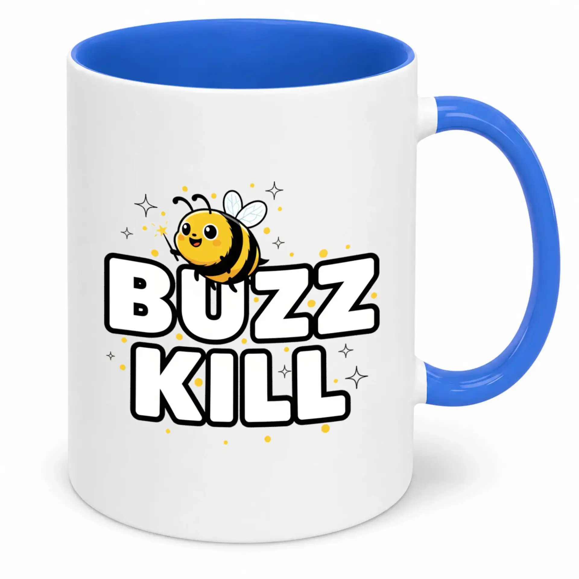 Funny Bee Buzz Kill Ceramic Coffee Mug with Blue Handle and Interior, Humorous Novelty Drinkware Gift for Coworkers