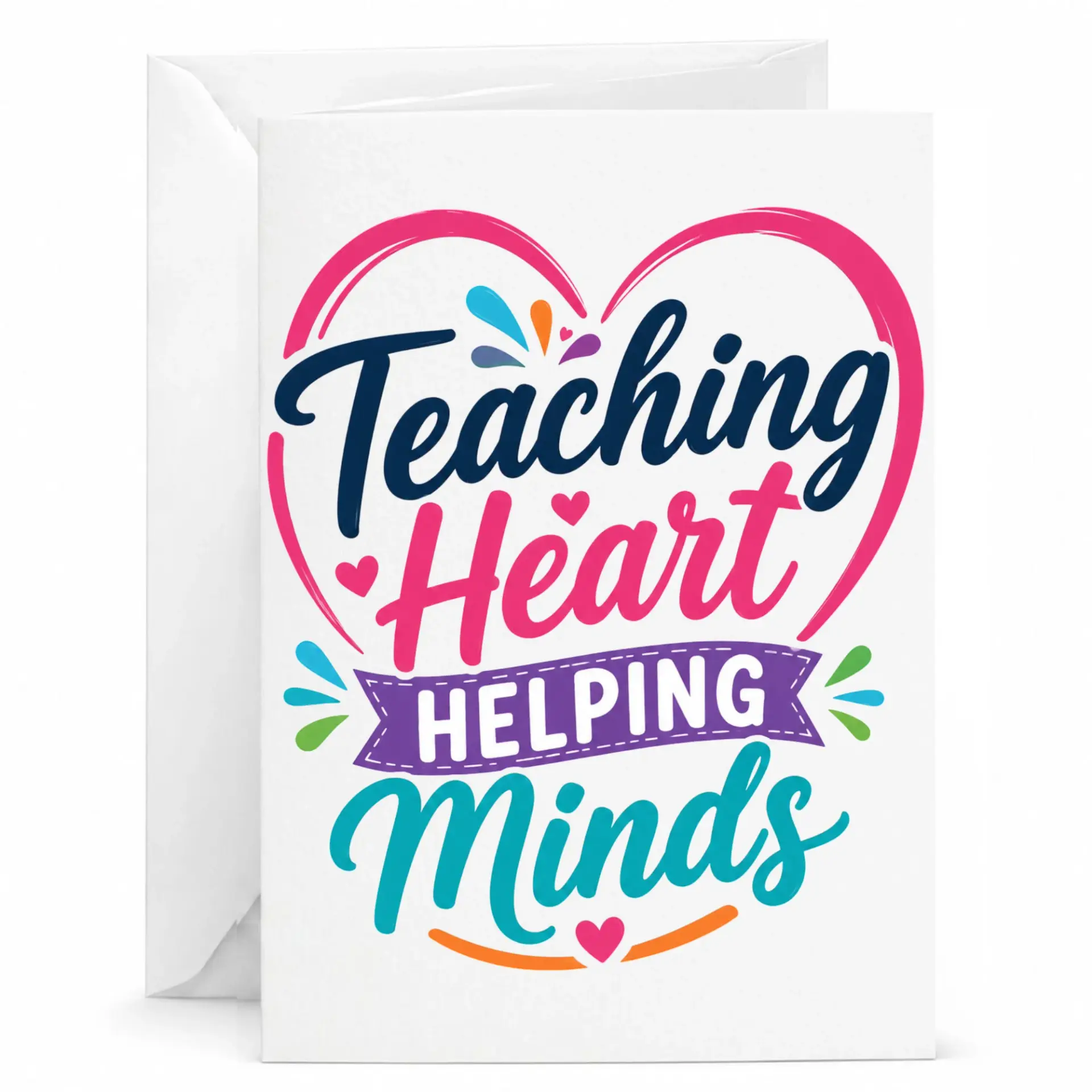 Card for Teacher with Heart and Helping Minds Design Printed Greeting Matching White Envelope