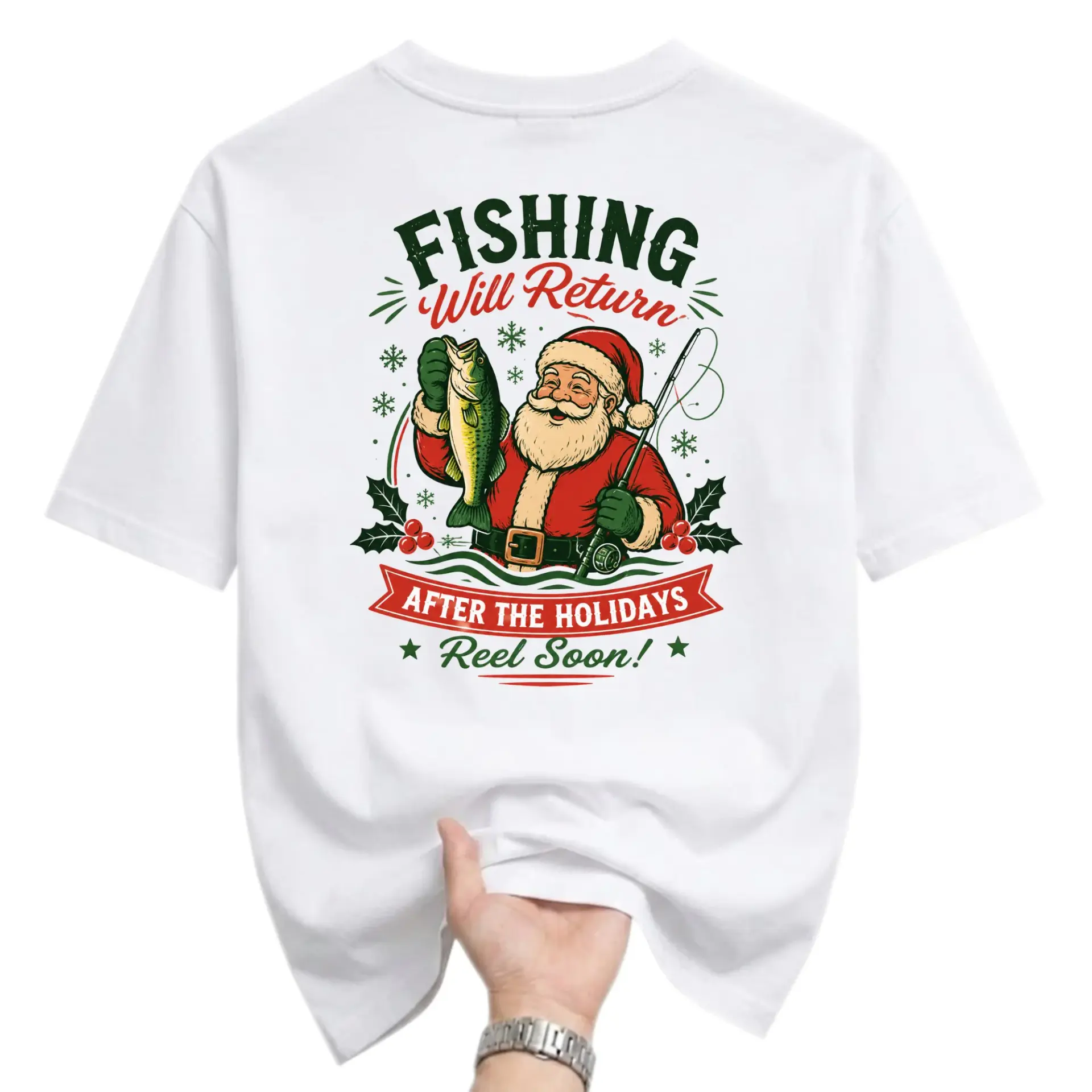 Graphic Tee Funny Santa Fishing Christmas Shirt Unisex Casual Crew Neck