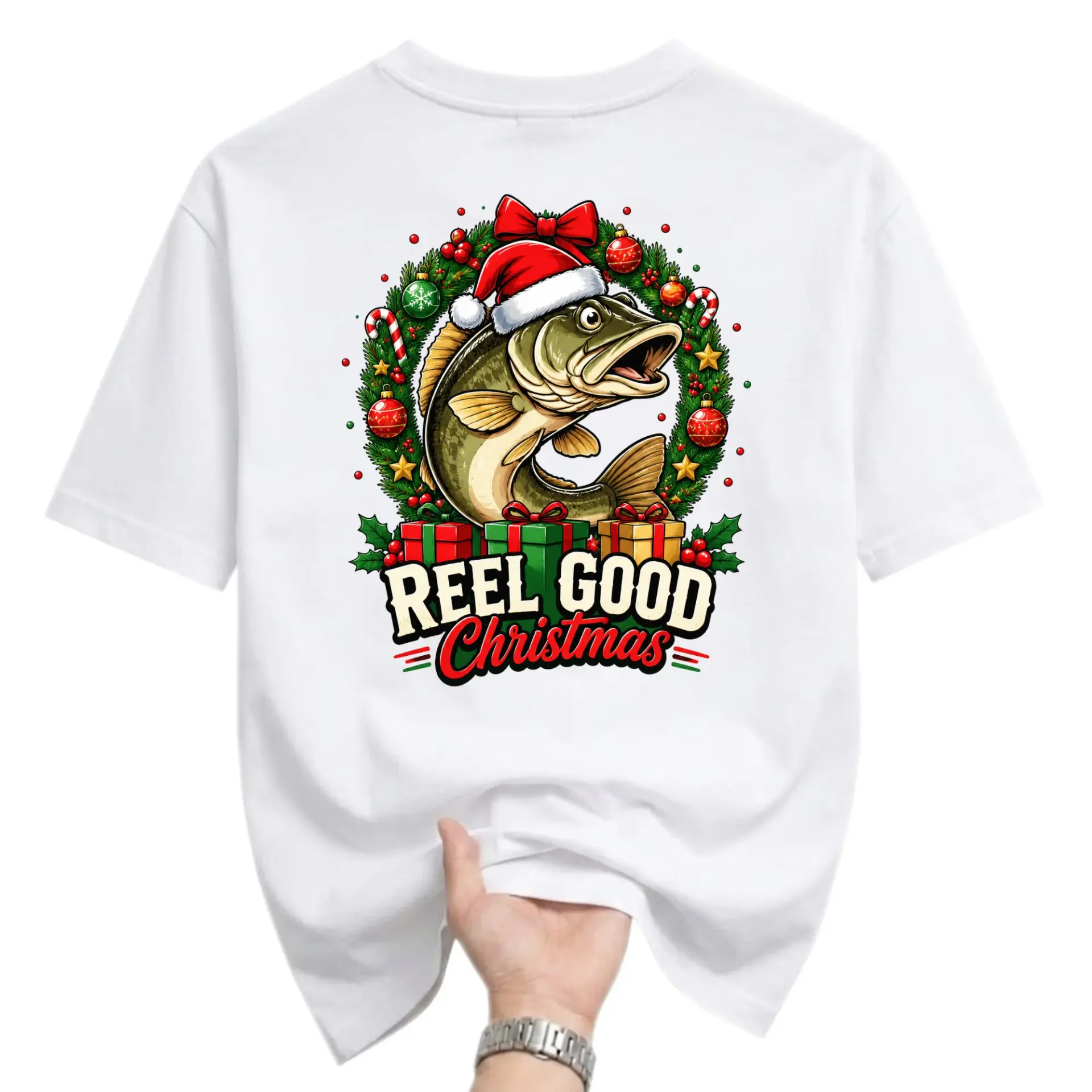 Funny Shirt Reel Good Christmas Fish Graphic Tee Unisex Crew Neck Short