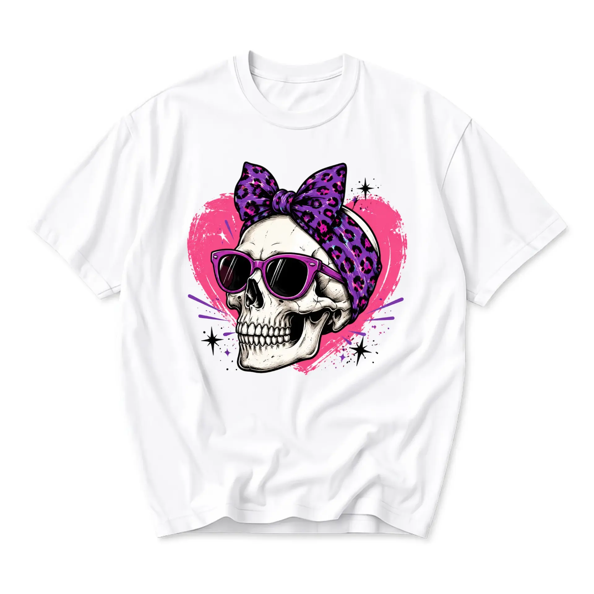 Graphic Tee Skull with Purple Leopard Print Bow and Sunglasses Artistic Print Unisex Cotton Blend Everyday Casual Shirt