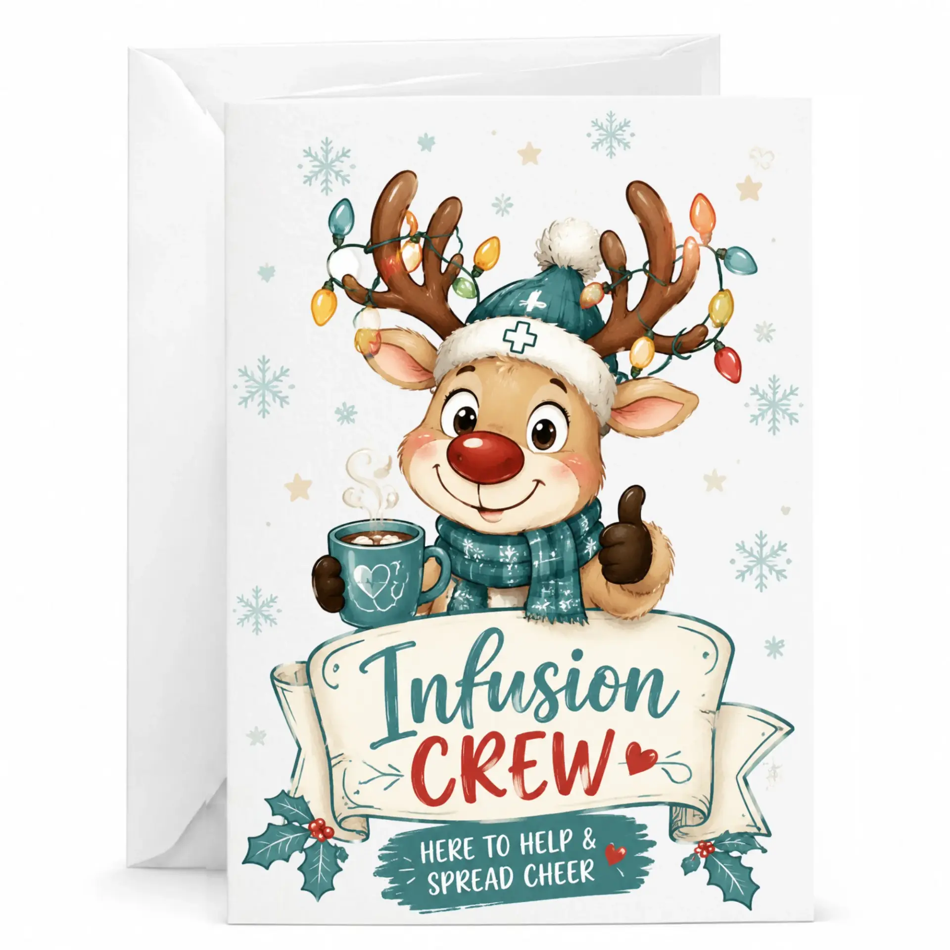 Holiday Greeting Card Featuring Cute Medical Themed Reindeer Illustration for Healthcare Professionals and Staff