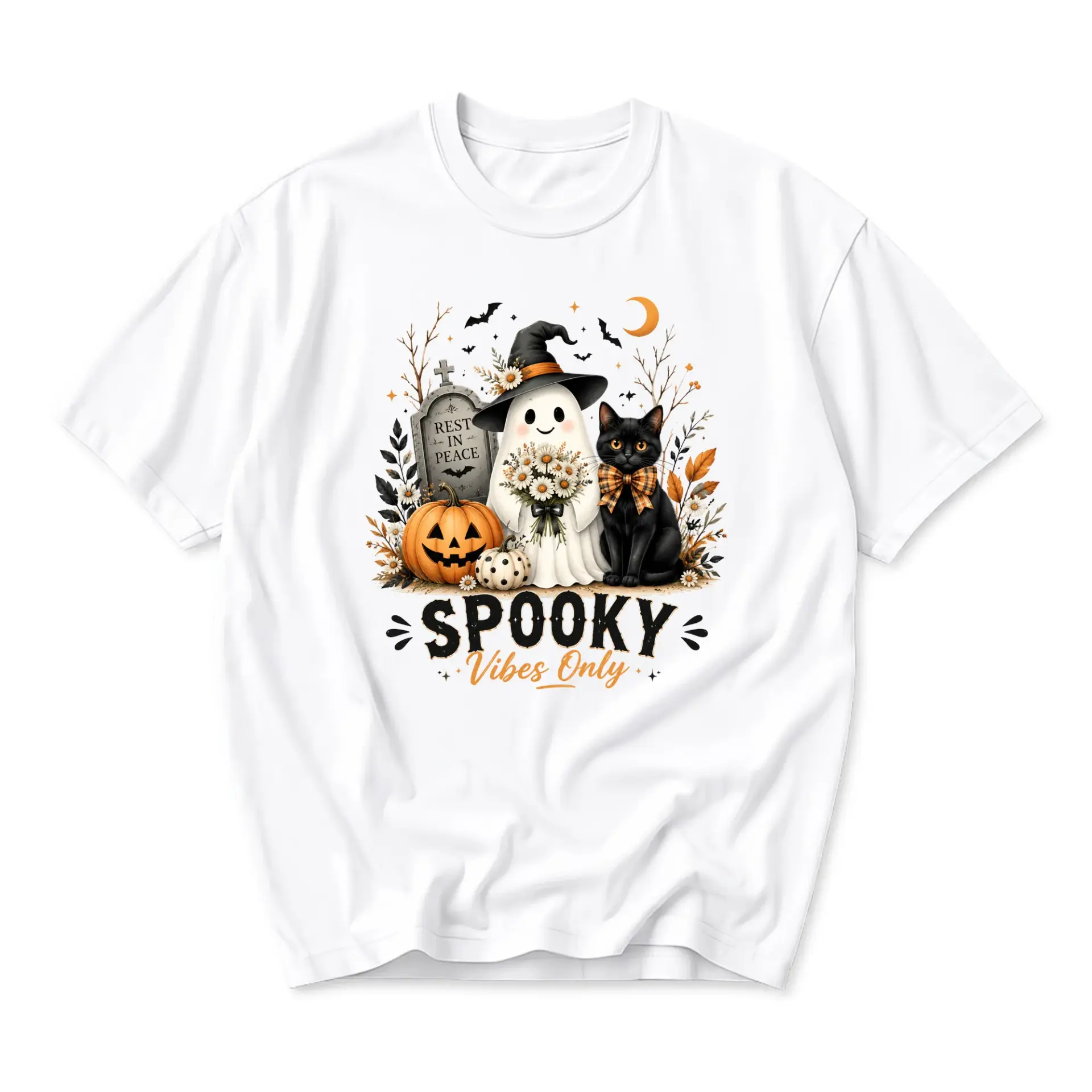 Graphic Tee Spooky Vibes Only Halloween Ghost Cat Pumpkin Print Unisex Crew Neck Casual Cotton Blend Short Sleeve Shirt