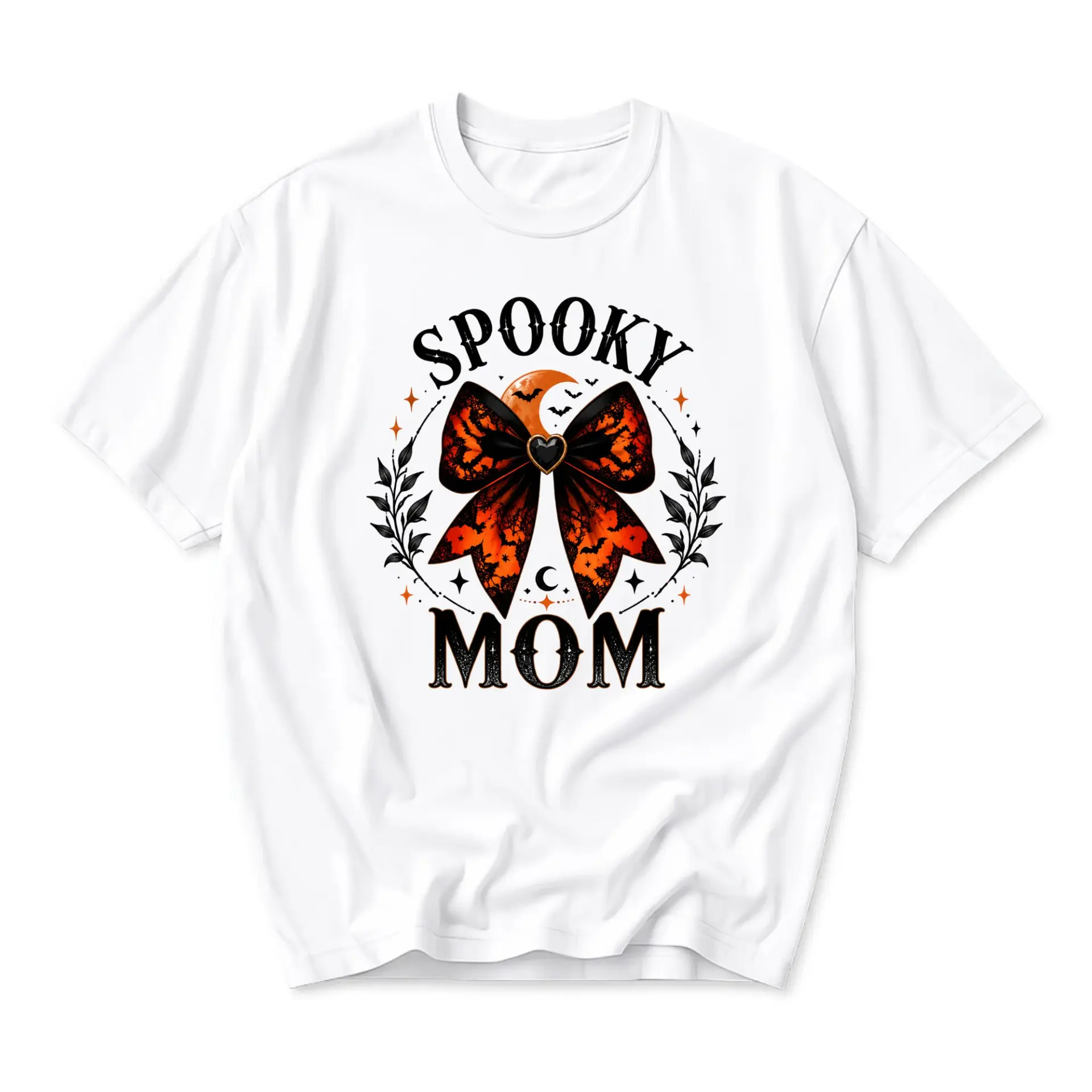 Graphic Tee Spooky Mom Halloween Shirt Aesthetic Retro Bow Print Unisex Cotton Crewneck Casual Holiday Top