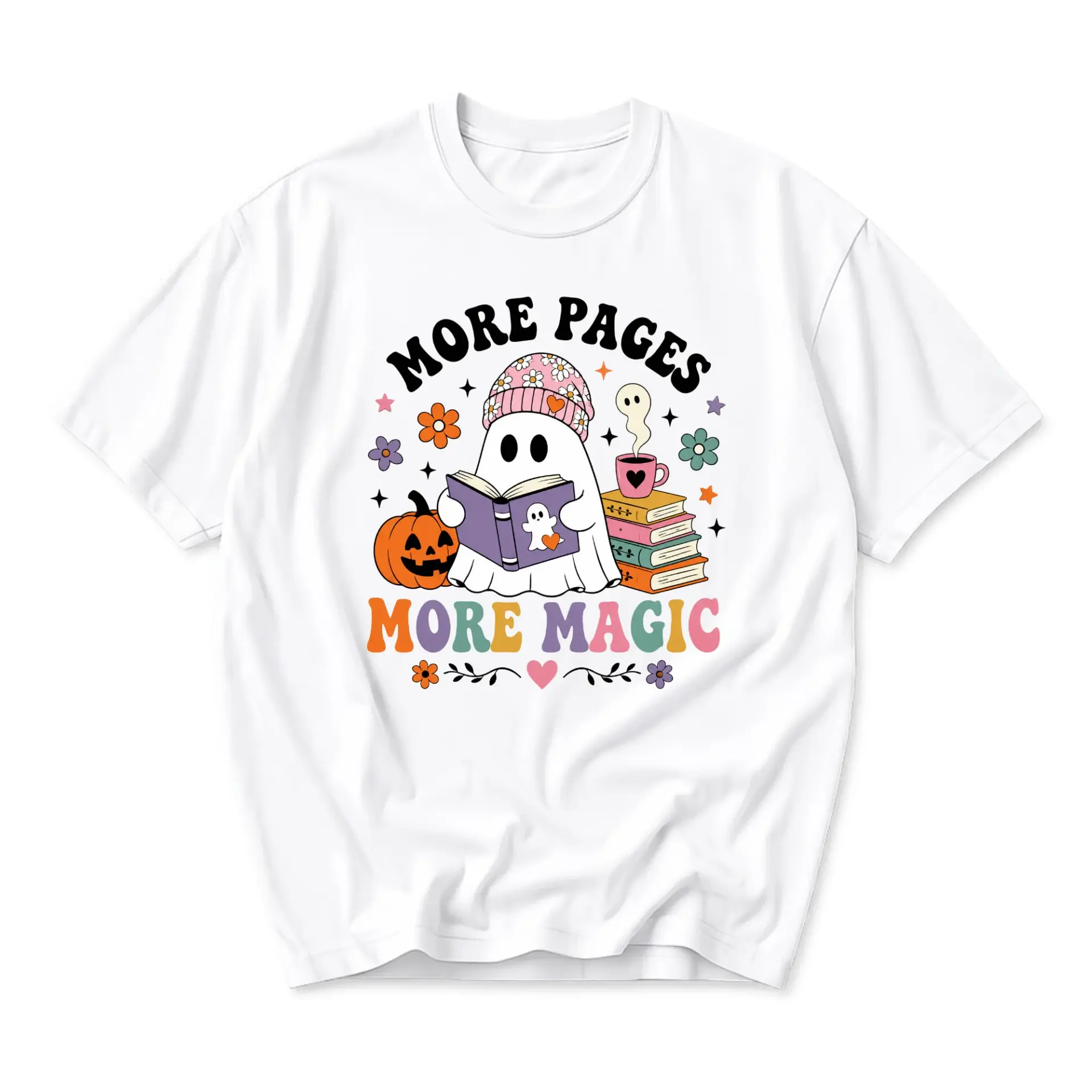 Graphic Tee More Pages More Magic Ghost Reading Book T-Shirt Unisex Casual Crew Neck Short Sleeve Cotton Blend Shirt
