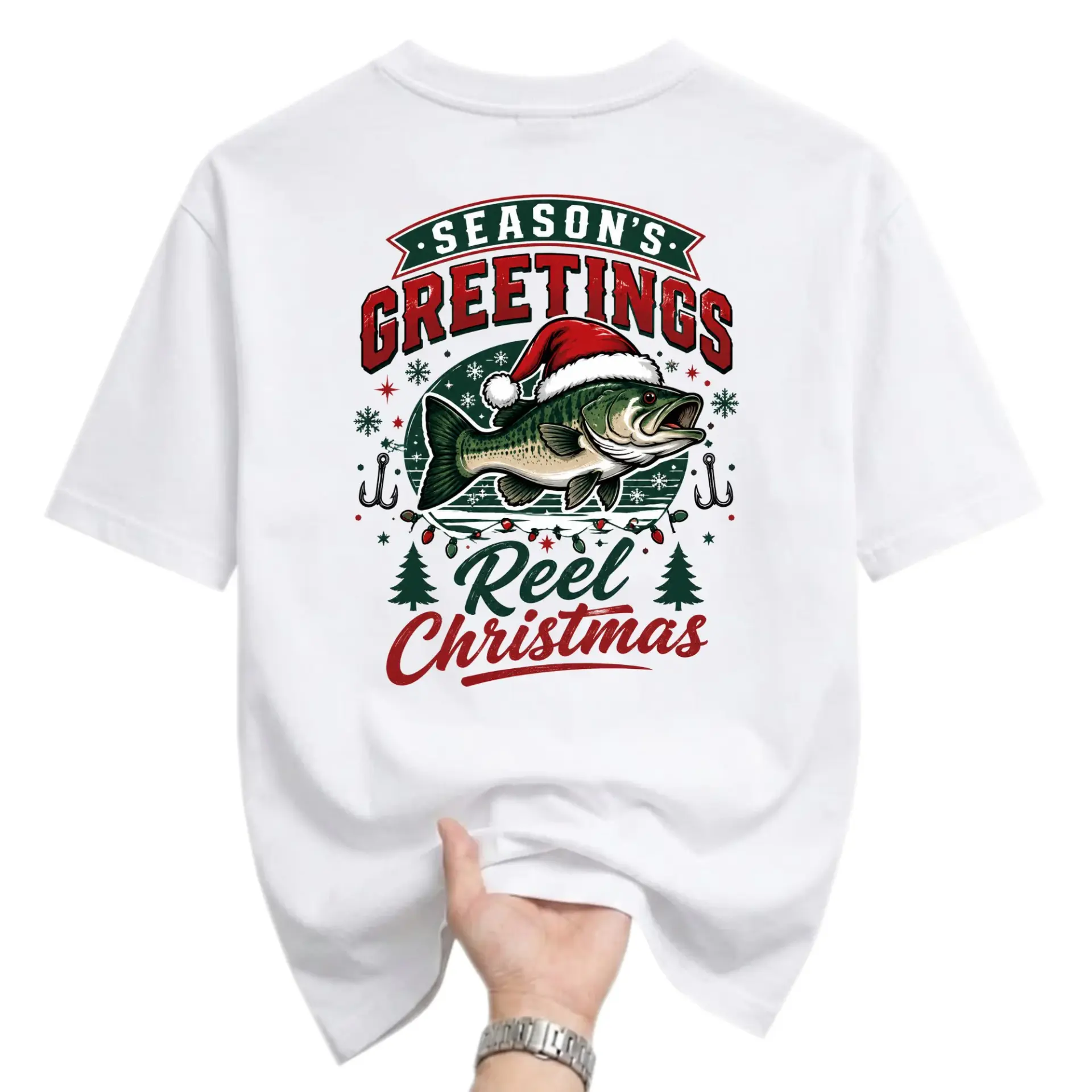 Funny Shirt Season Greetings Reel Christmas Fishing Graphic Tee Unisex Casual Crew Neck Holiday Short Sleeve Top
