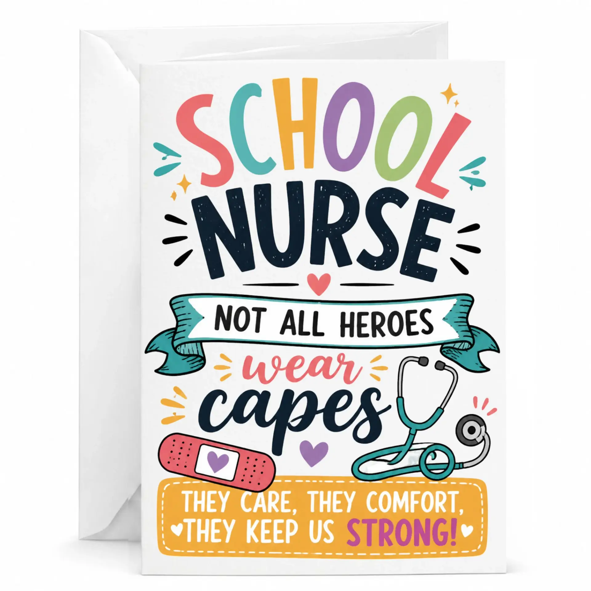 Greeting Card for School Nurse Appreciation Gift with Matching Envelope Folded Size Five by Seven