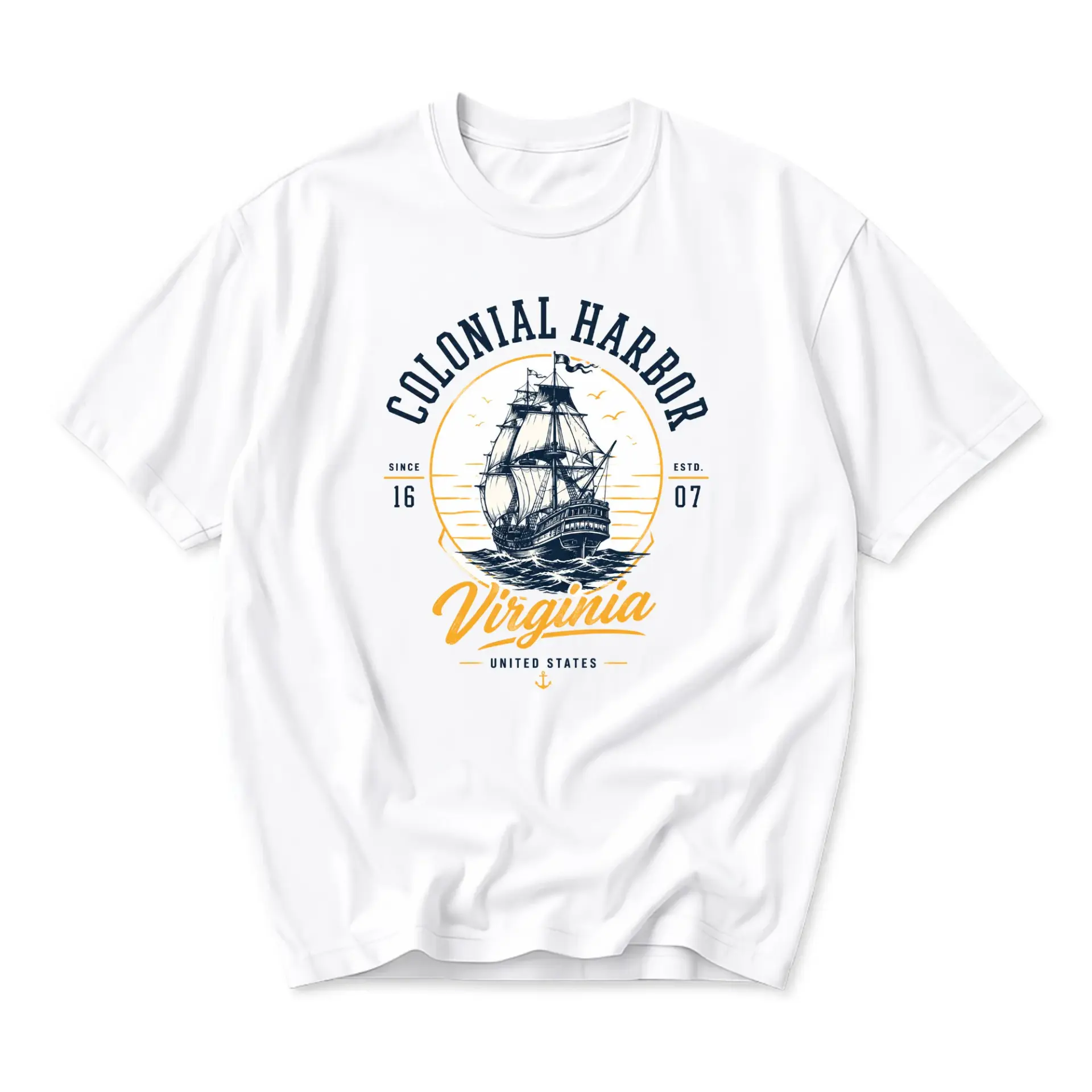 Graphic Tee Colonial Harbor Virginia Nautical Sailing Shirt Unisex Crew Neck Casual Everyday Wear Apparel White