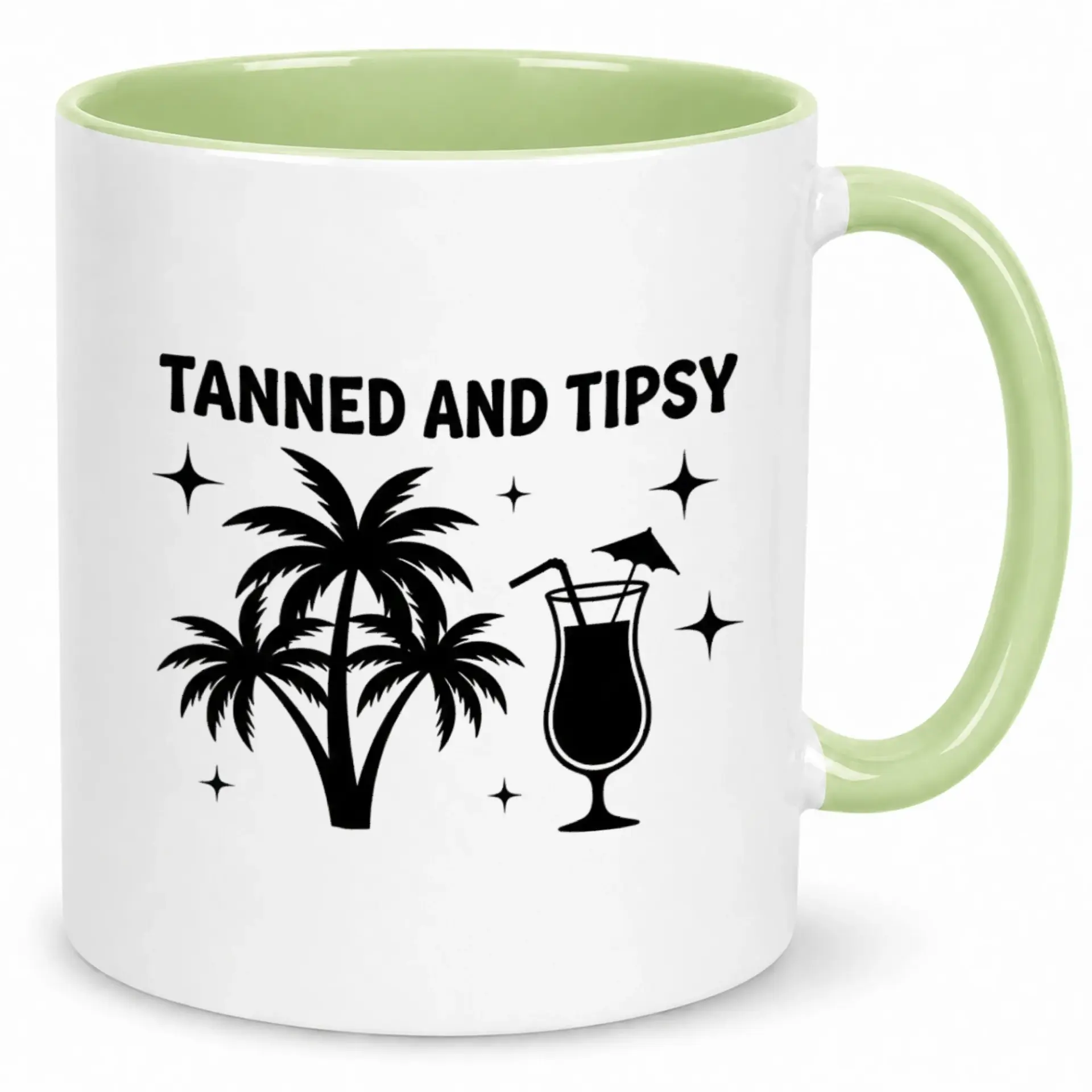Funny Tanned and Tipsy Coffee Mug with Tropical Palm Tree and Cocktail Design, 11oz or 15oz Ceramic Beverage Cup