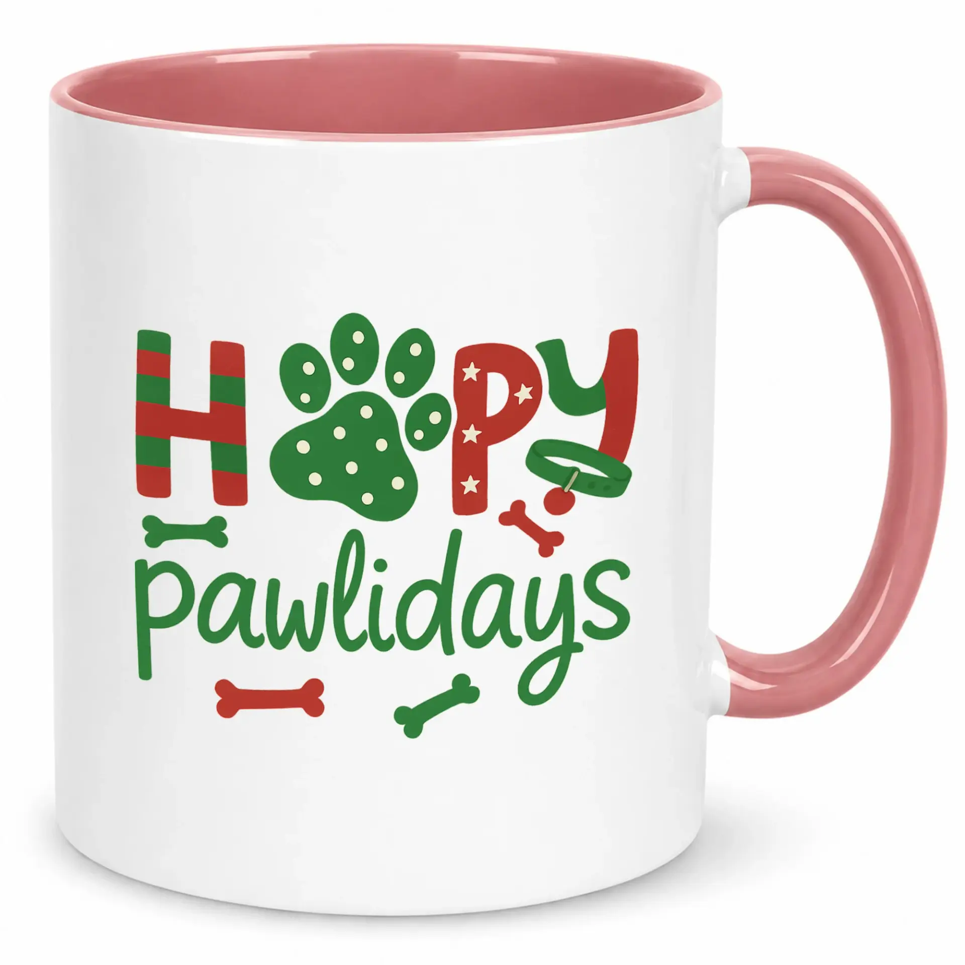 Funny Dog Lover Holiday Coffee Mug, White and Pink Ceramic Pet Christmas Theme Drinkware Gift for Animal Enthusiasts