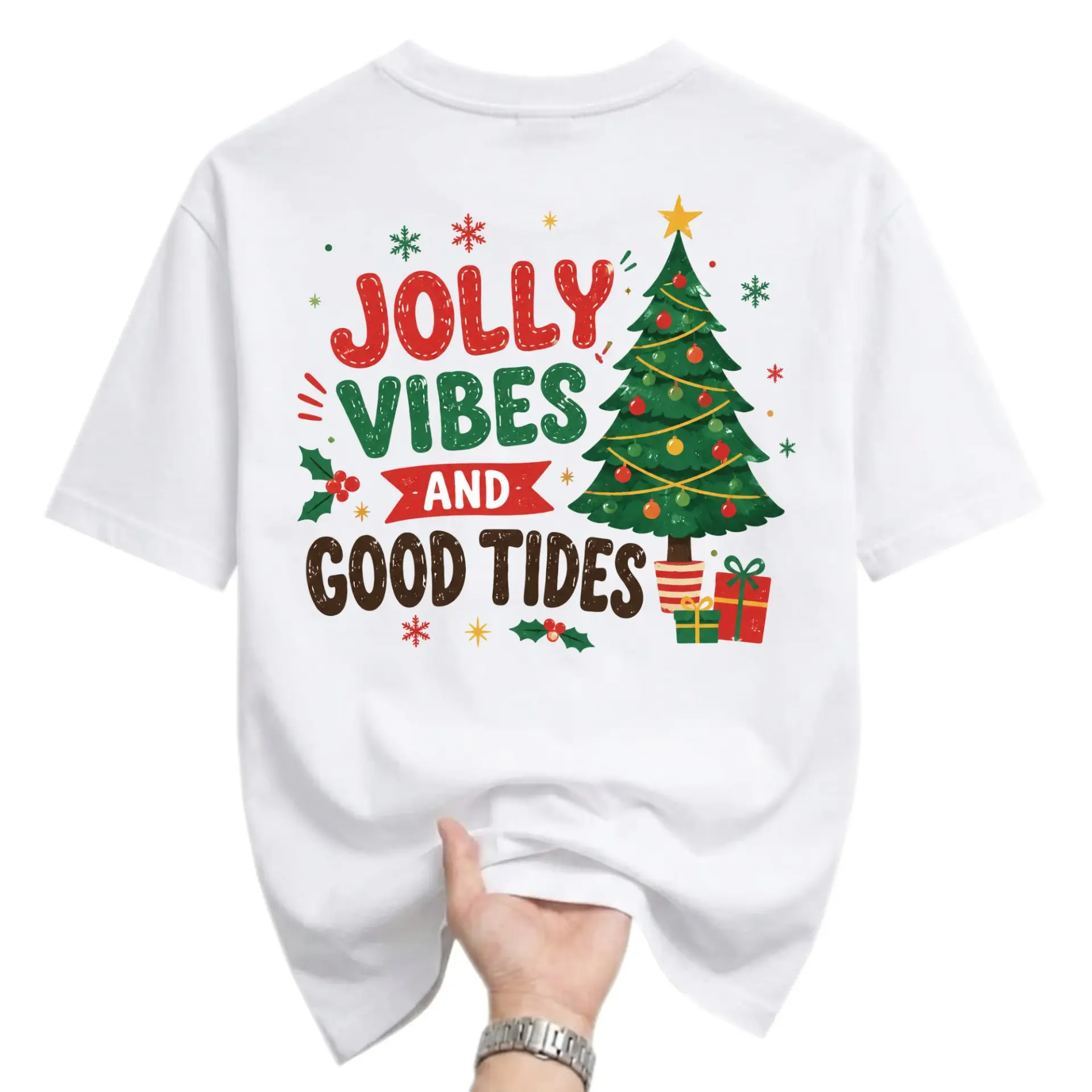 Graphic Tee Jolly Vibes and Good Tides Christmas Tree Unisex Crew Neck Shirt for Casual Holiday Season Everyday Wear