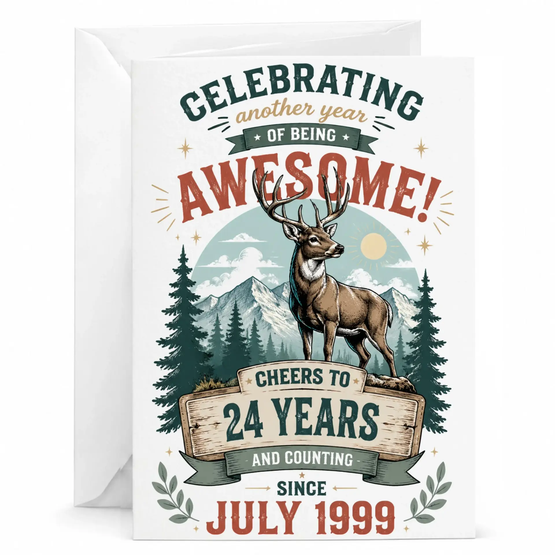 Birthday Card Celebrating 24 Years with Majestic Deer Wildlife Illustration for Milestone 24th Birthday Celebration