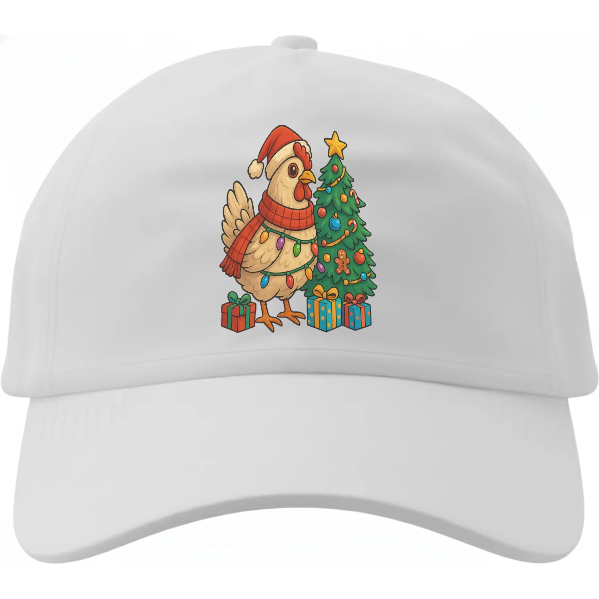 Baseball Cap Featuring a Festive Chicken Wearing a Scarf and Santa Hat Next to a Decorated Christmas Tree Gift Design