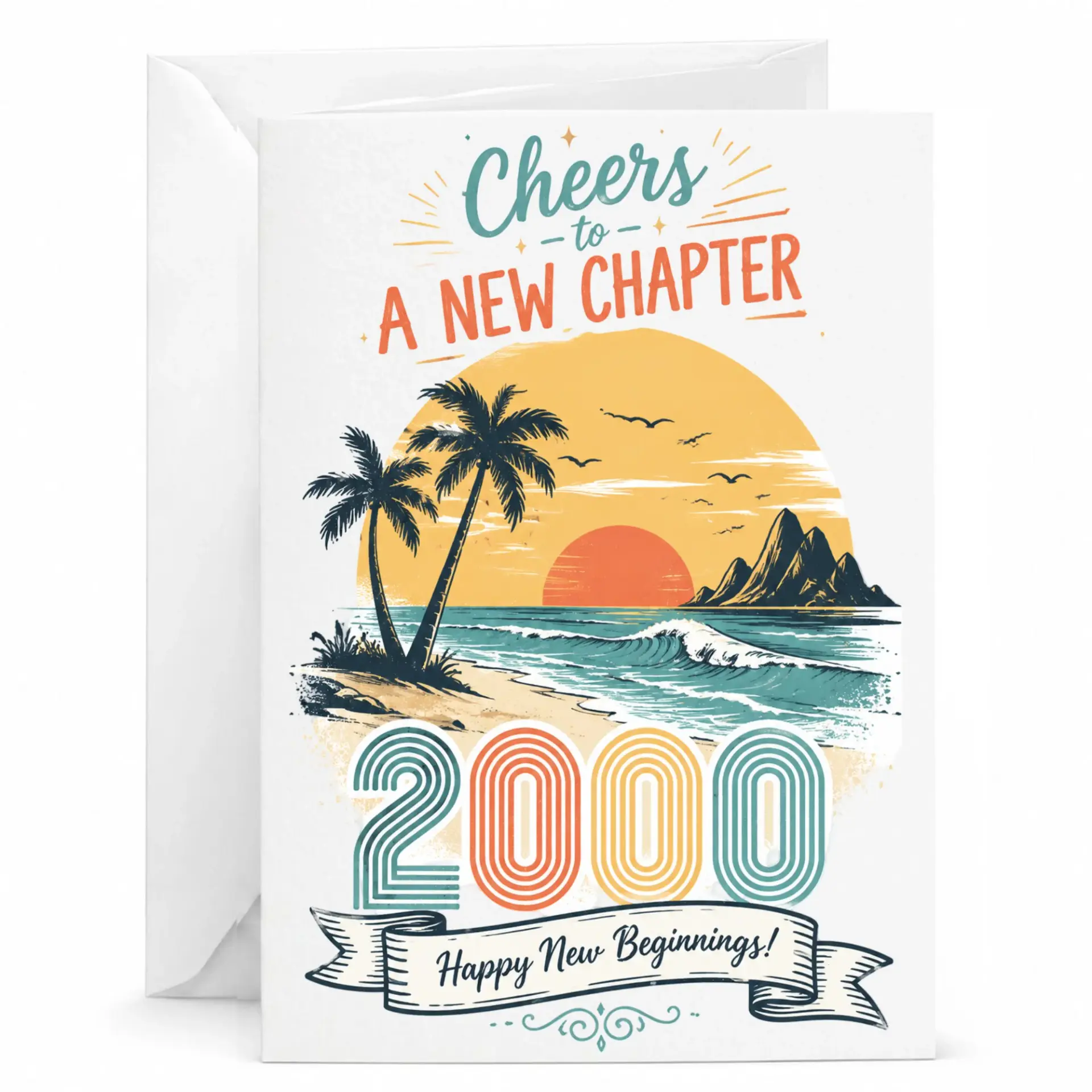 Greeting Card Cheers to a New Chapter 2000 Retro Tropical Beach Sunset Design for Milestone Congratulations and Celebration