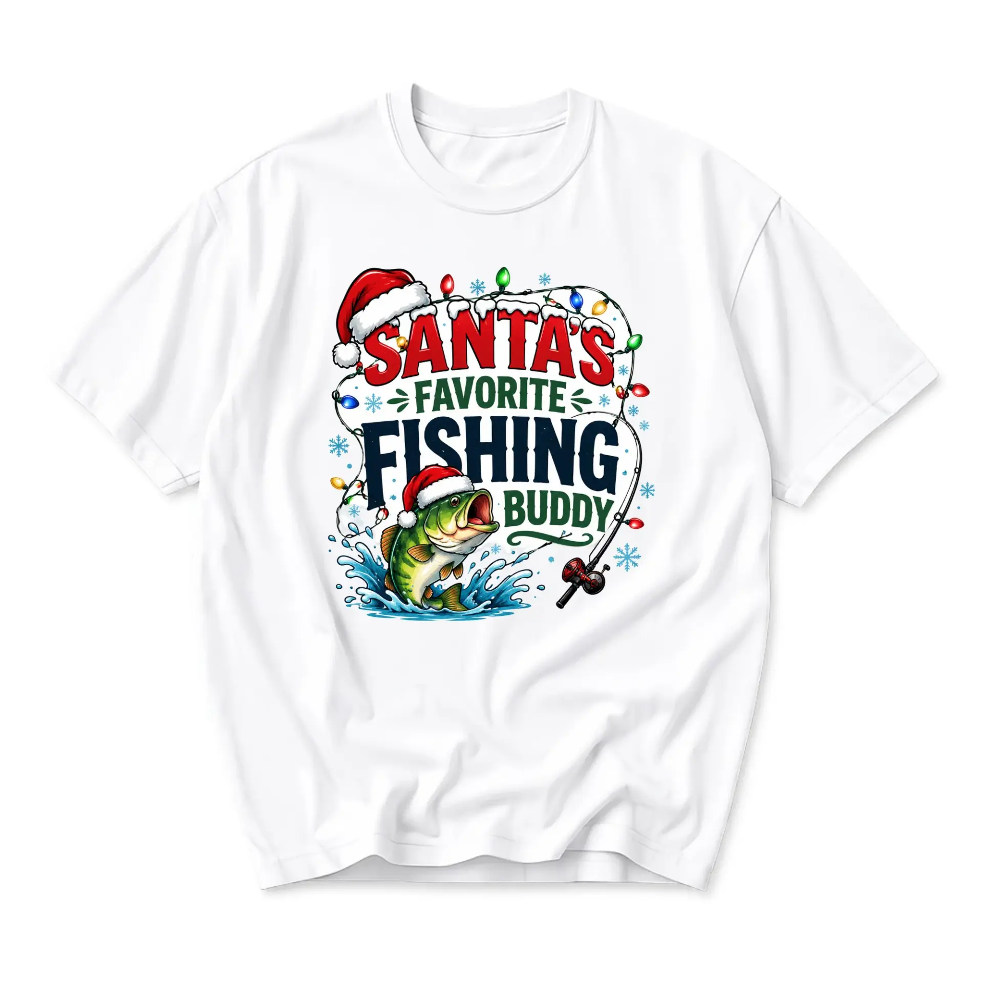Funny Shirt Santa's Favorite Fishing Graphic Tee Holiday Christmas Seasonal