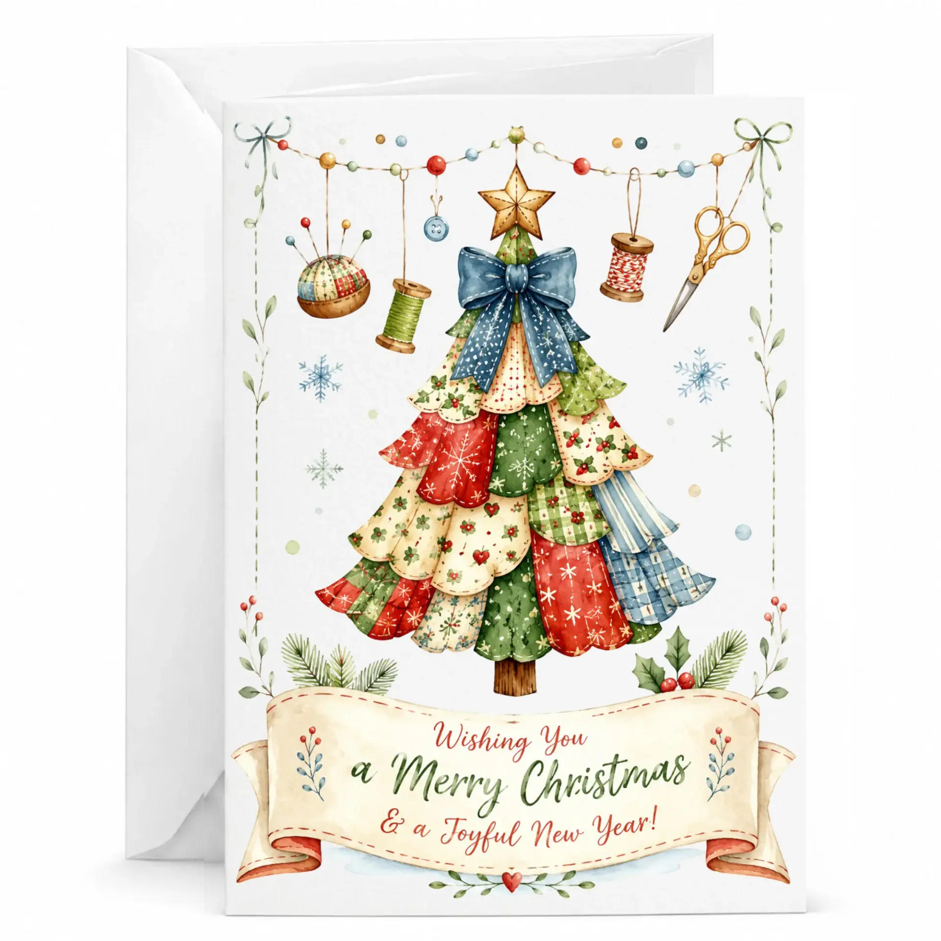 Holiday Greeting Card Featuring Whimsical Fabric Christmas Tree