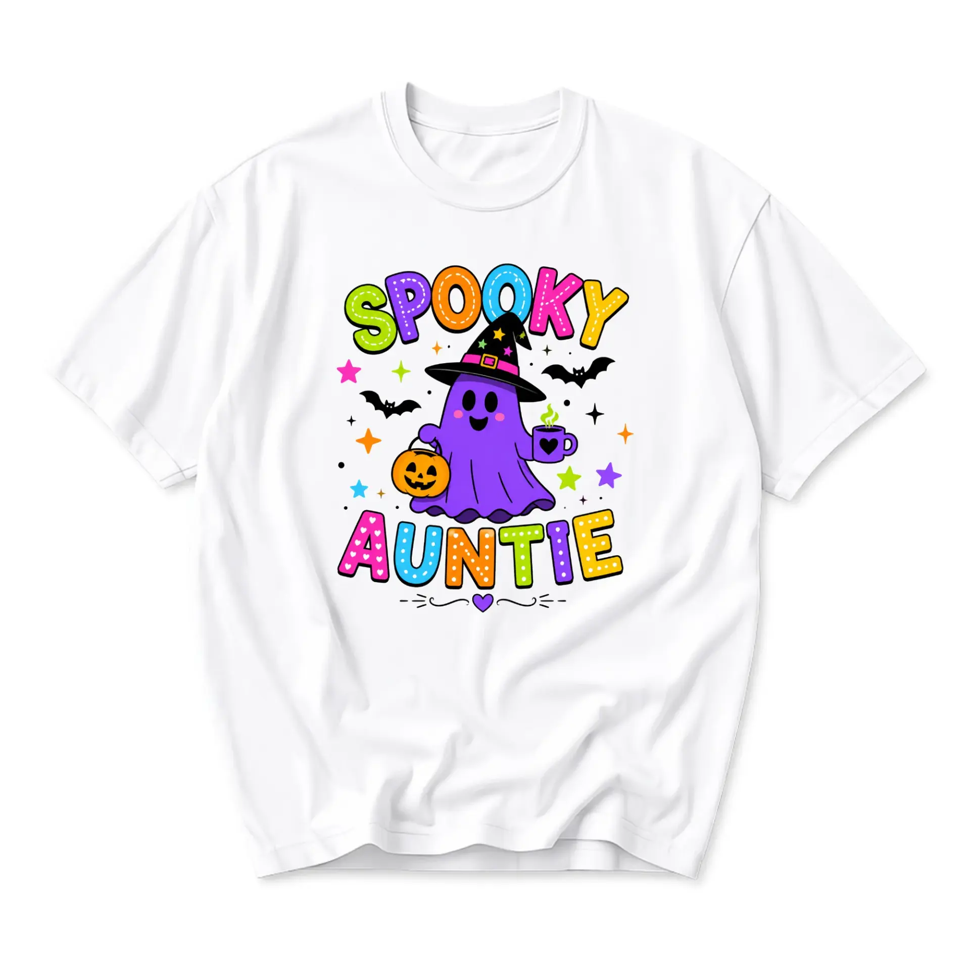 Funny Shirt Spooky Auntie Graphic Tee Cute Ghost Wearing Witch Hat Cartoon Illustration Casual Cotton Top for Women