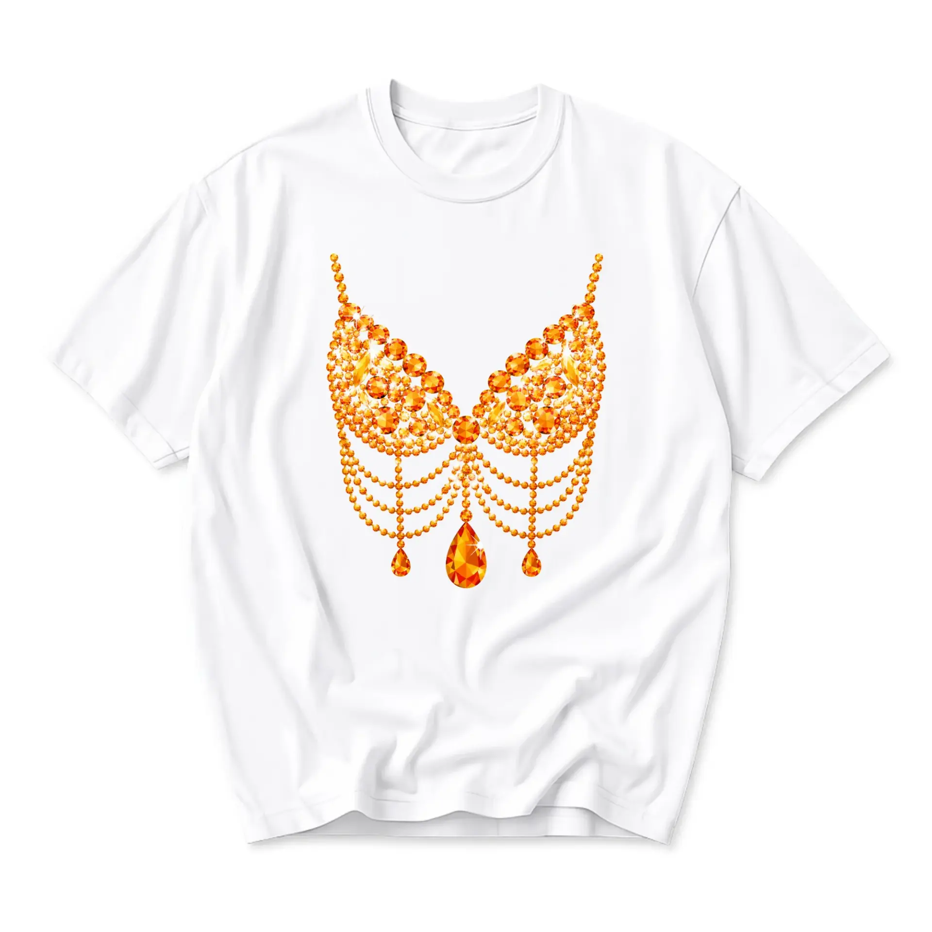 Graphic Tee Unisex Crew Neck T-Shirt Featuring a Realistic Gold and Amber Gemstone Jewelry Necklace Print Design