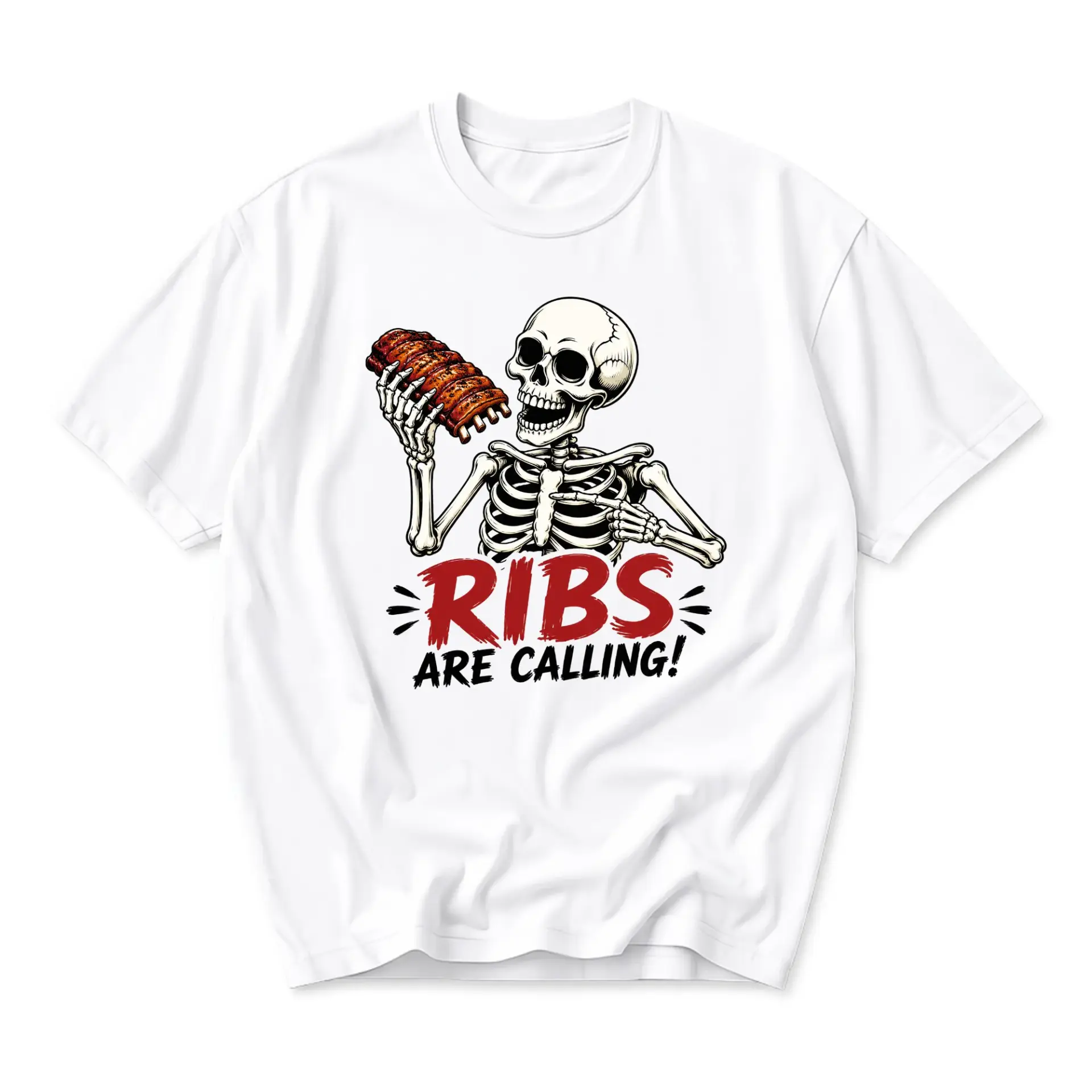 Funny Shirt Ribs Are Calling Graphic Tee Unisex Crew Neck Short Sleeve Casual Cotton Apparel for Bbq Food Lovers
