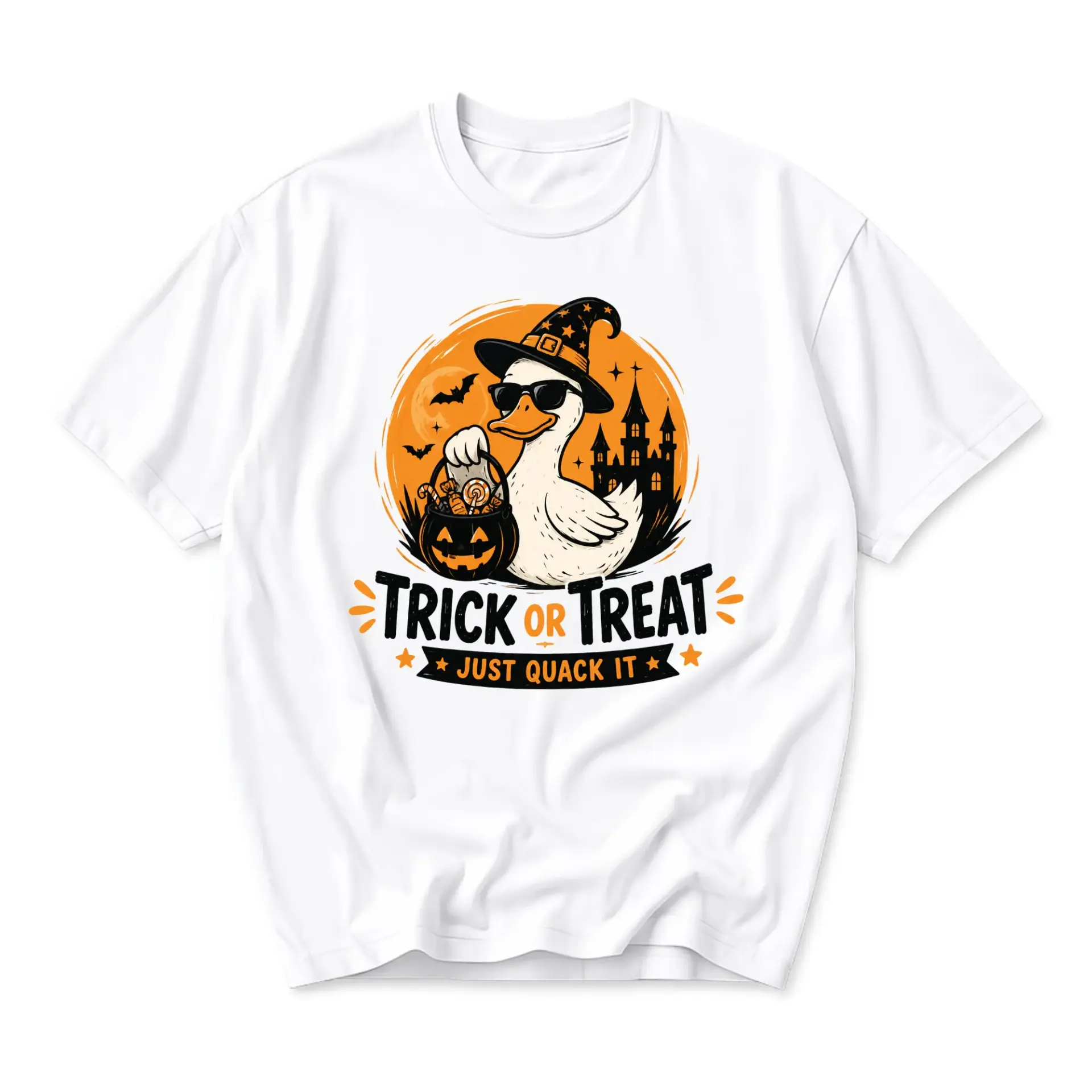 Funny Shirt Trick or Treat Duck Graphic Tee Unisex Casual Apparel for Halloween Festive Seasonal Wear Costume Top