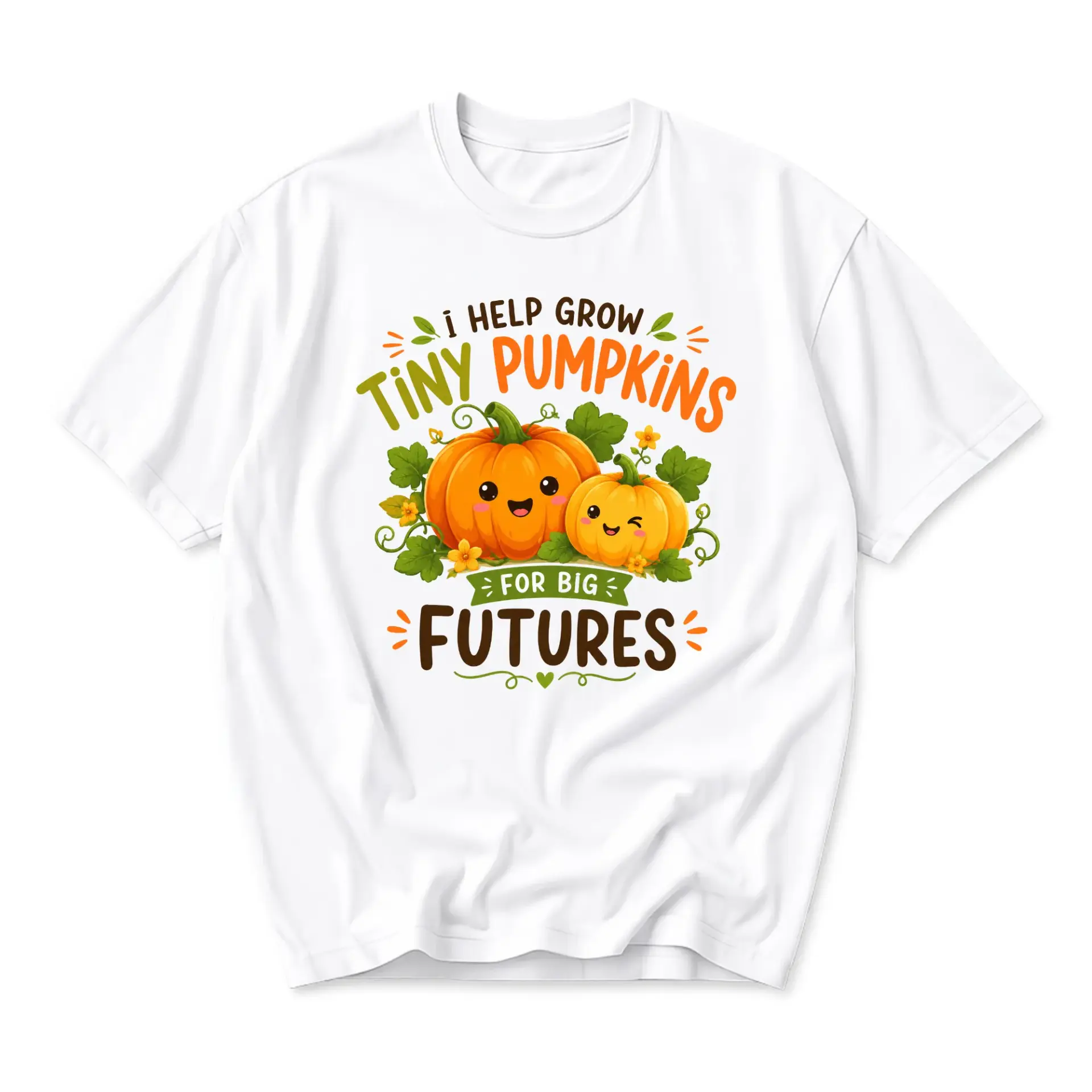 Funny Shirt I Help Grow Tiny Pumpkins for Big Futures Graphic Tee Seasonal Fall Autumn Theme Unisex Crew Neck Top