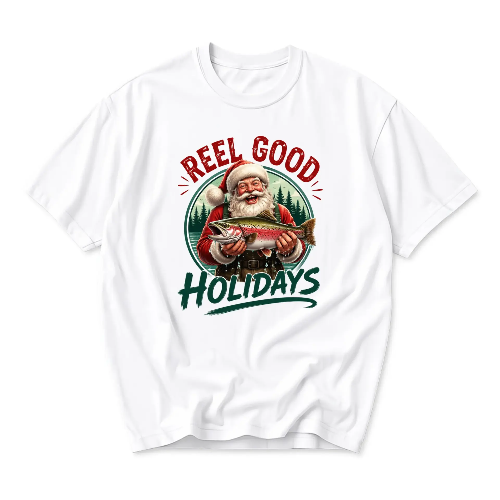 Funny Shirt Reel Good Holidays Santa Fishing Graphic Tee Unisex Short Sleeve Crew Neck Casual Cotton Blend Apparel