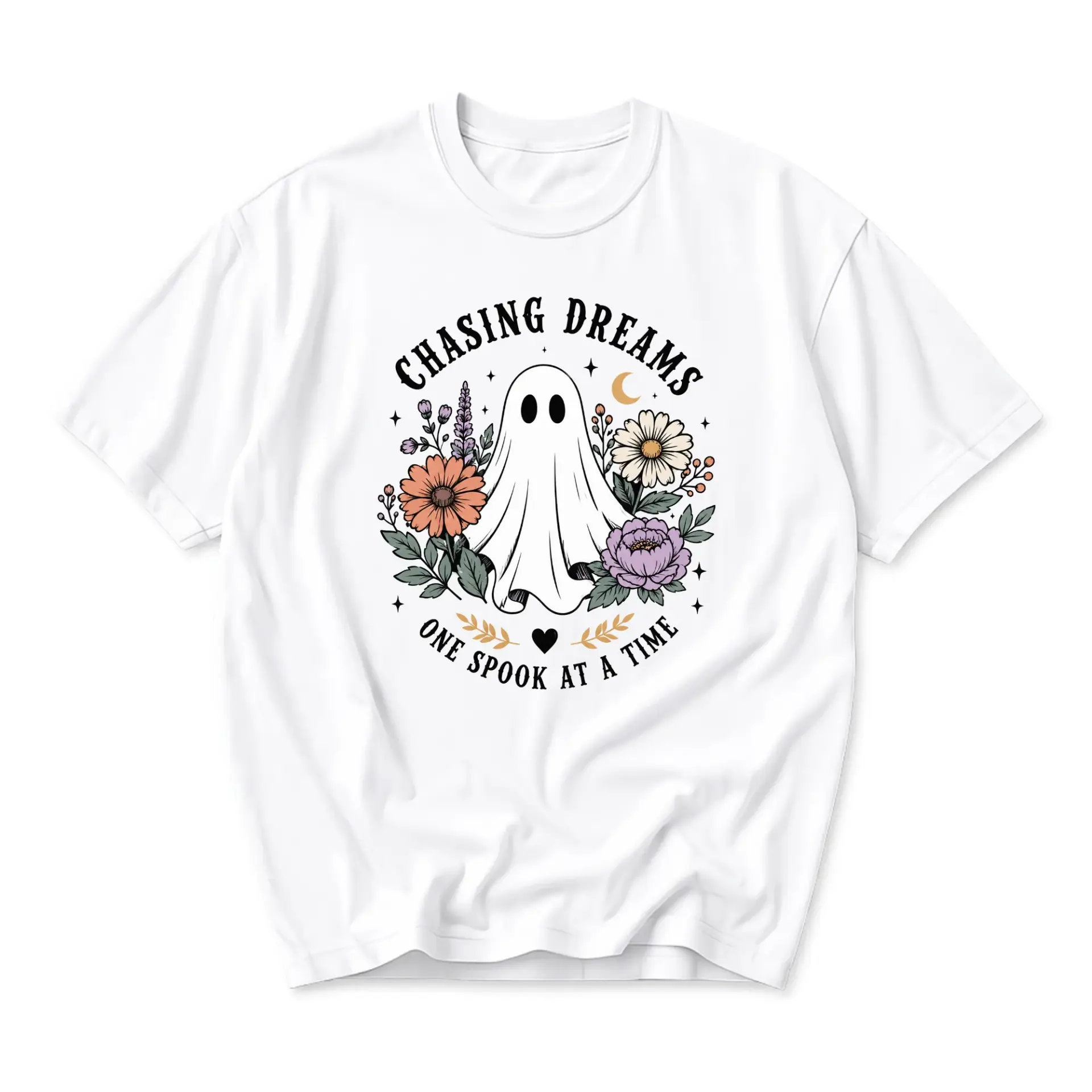 Graphic Tee Chasing Dreams One Spook at a Time Cute Ghost Floral Unisex Cotton Crew Neck Casual Short Sleeve Shirt