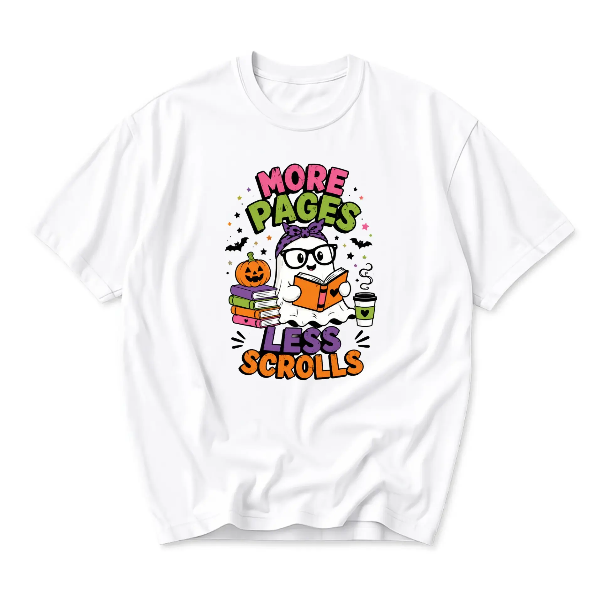 Graphic Tee More Pages Less Scrolls Bookish Ghost T-Shirt Fun Reading Enthusiast Apparel for Casual Everyday Style