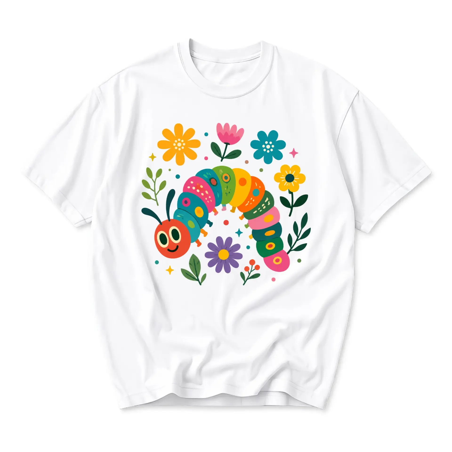 Graphic Tee Unisex Casual Crew Neck T-Shirt Featuring a Colorful Whimsical Caterpillar and Flower Garden Design