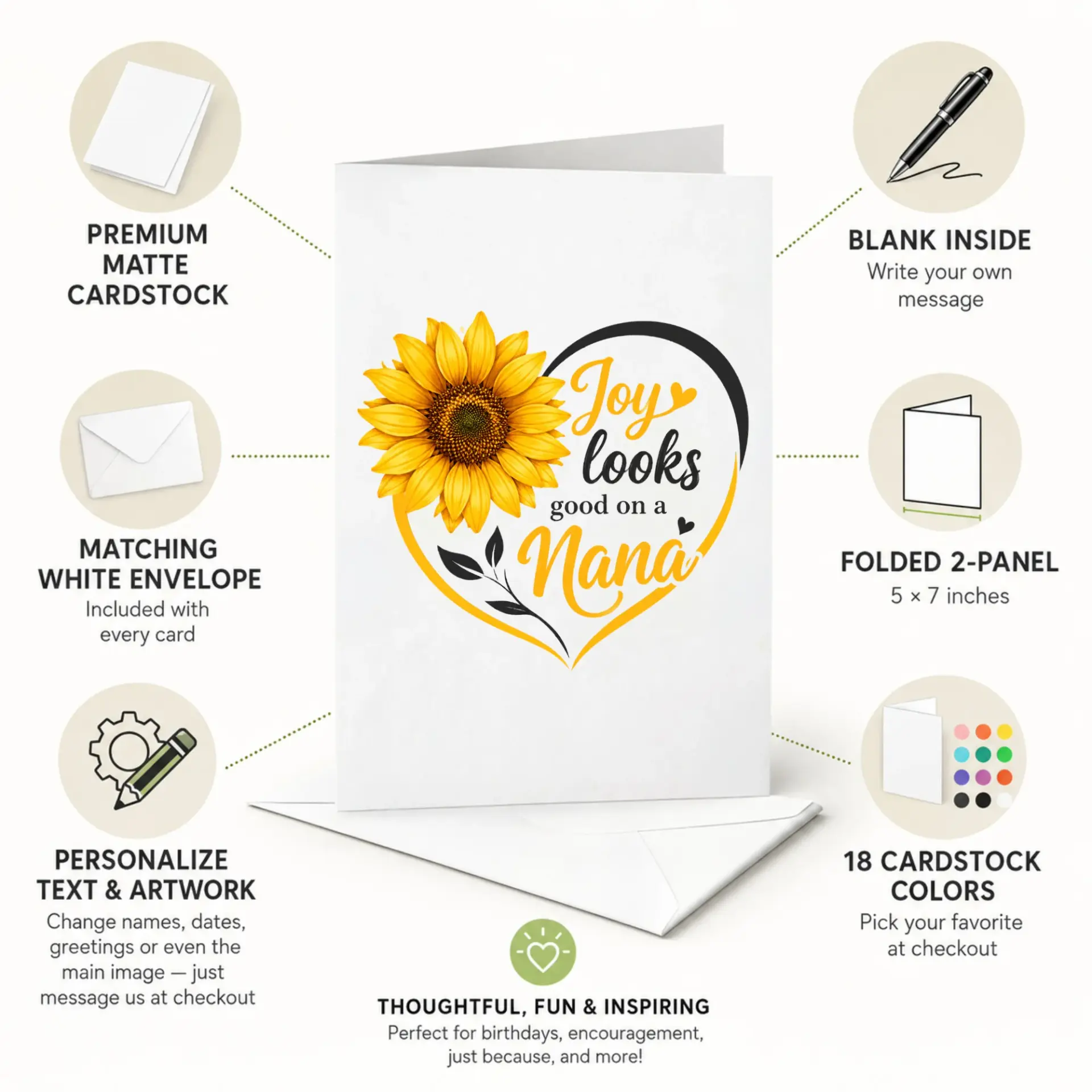 Greeting Card Joy Looks Good on a Nana Sunflower Floral Heart Design Blank Note Card for Special Someone