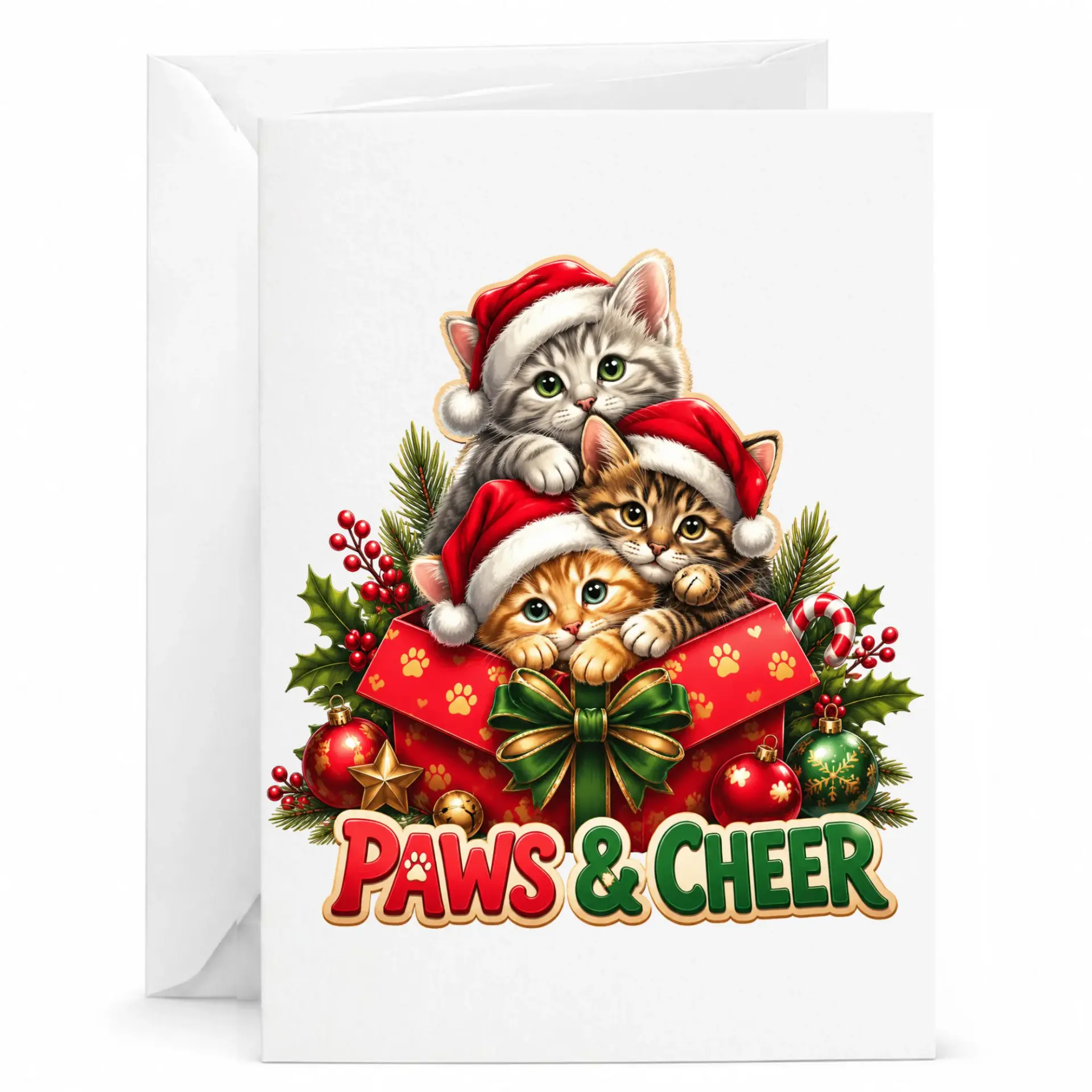 Greeting Card Paws and Cheer Holiday in Gift Box Cute Festive Design for Seasonal Greetings Celebrations