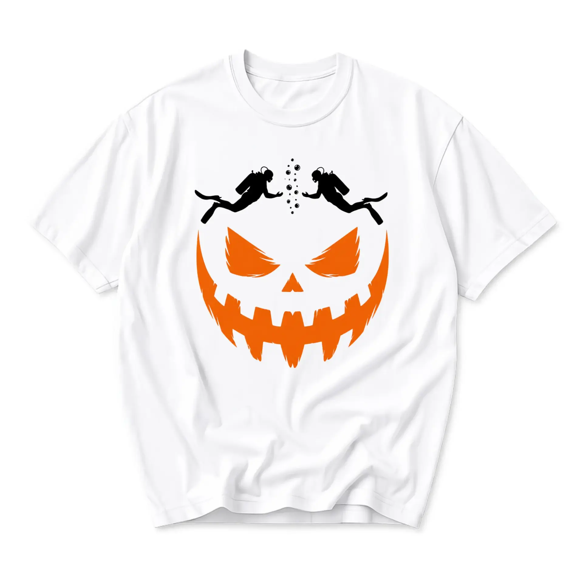 Graphic Tee Scuba Diving Jack O Lantern Pumpkin Halloween Shirt Unisex Crew Neck Apparel for Casual Wear and Holidays