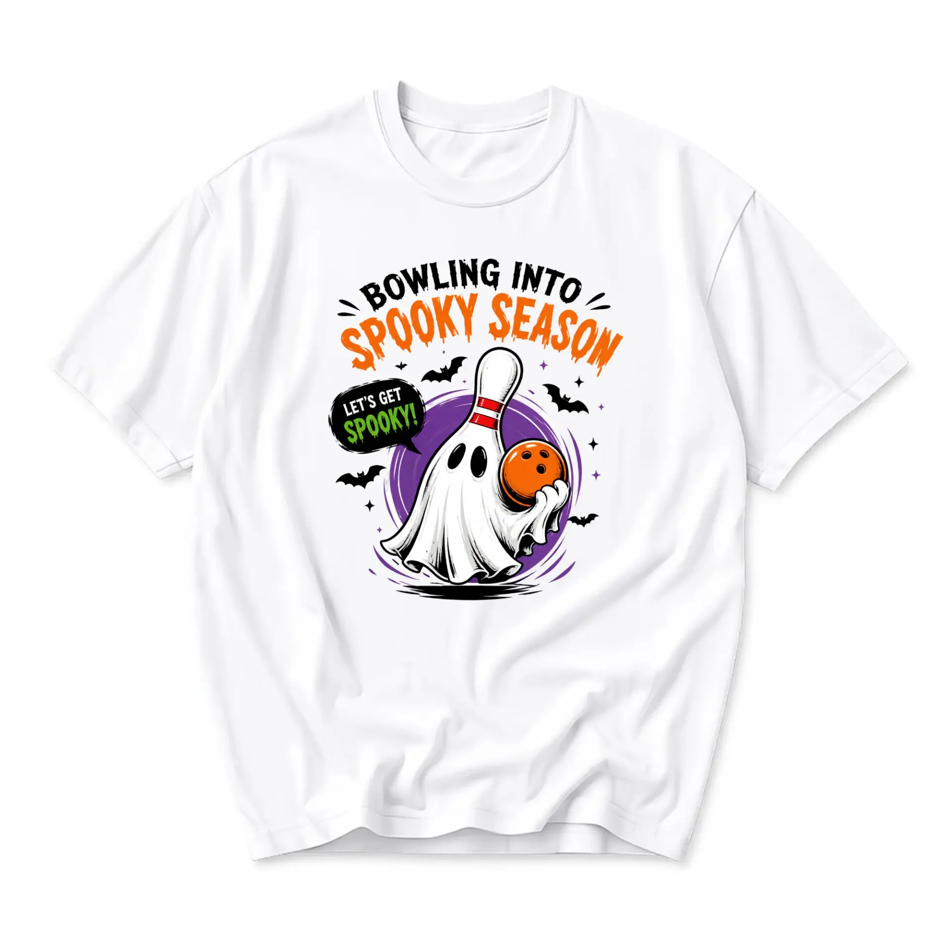 Funny Shirt Bowling into Spooky Season Graphic Tee Unisex Crew Neck Short Sleeve Casual Cotton Blend Apparel