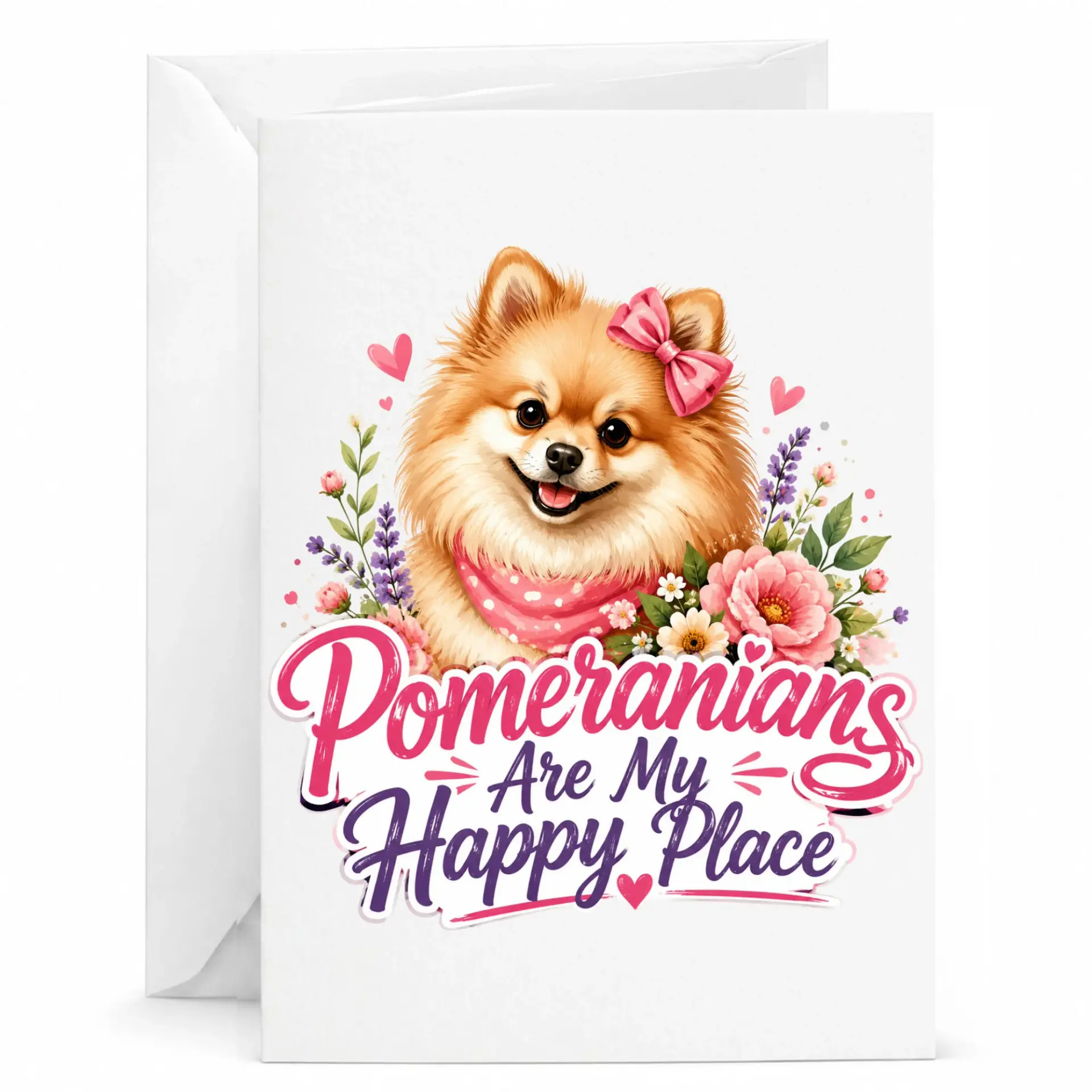 Greeting Card Featuring Cute Pomeranian Dog with Floral Accents and Heartwarming Sentiment for Any Special Occasion