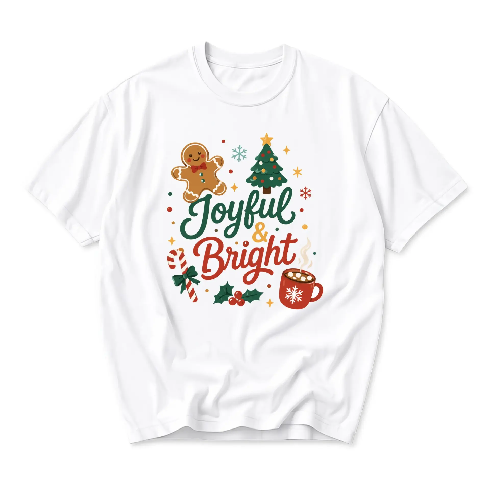 Graphic Tee Joyful and Bright Holiday Gingerbread Man and Hot Cocoa Unisex Casual Crew Neck Printed Cotton Shirt