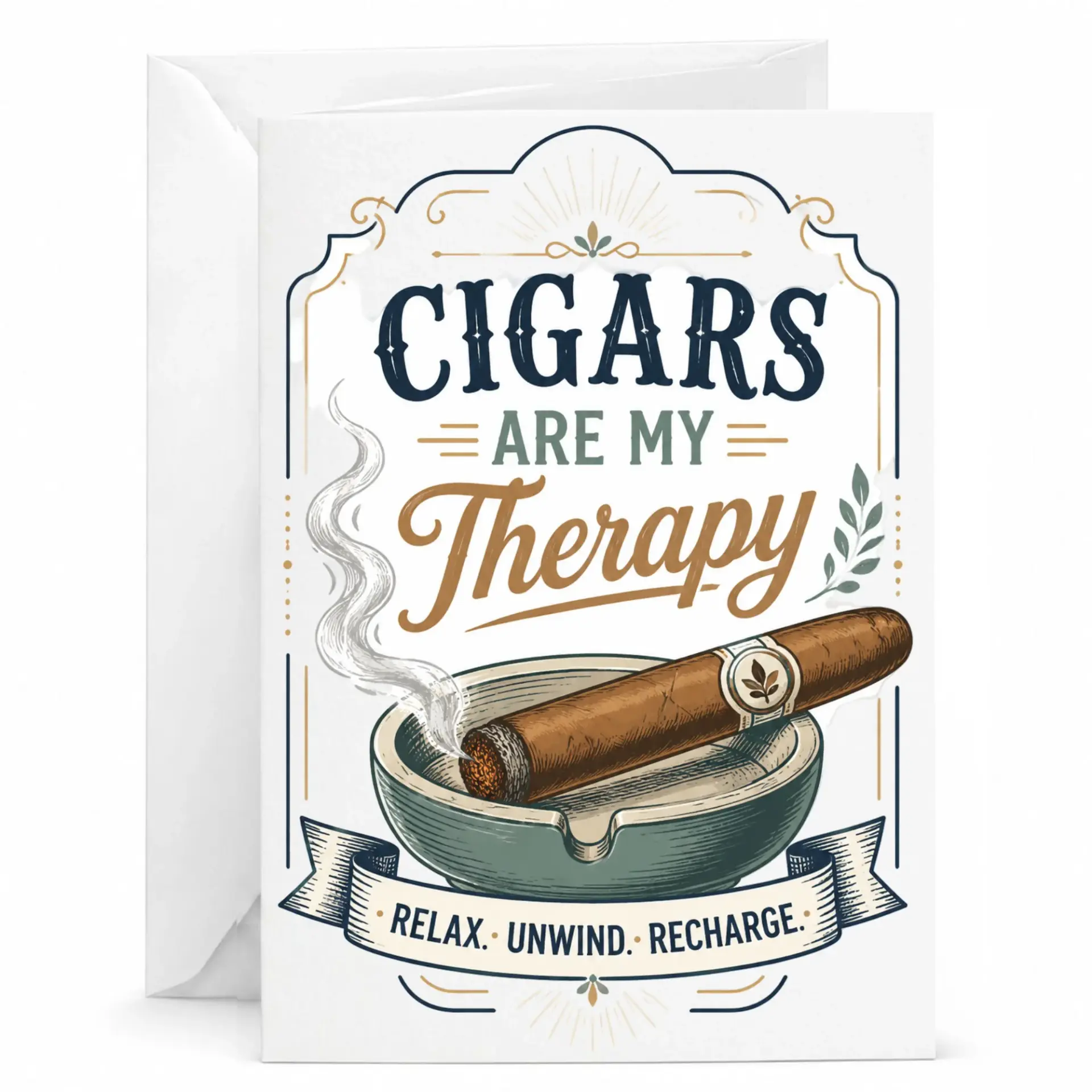 Funny Cigar Greeting Card Cigars Are My Therapy Relax Unwind Recharge Illustrated Stationery for Enthusiasts