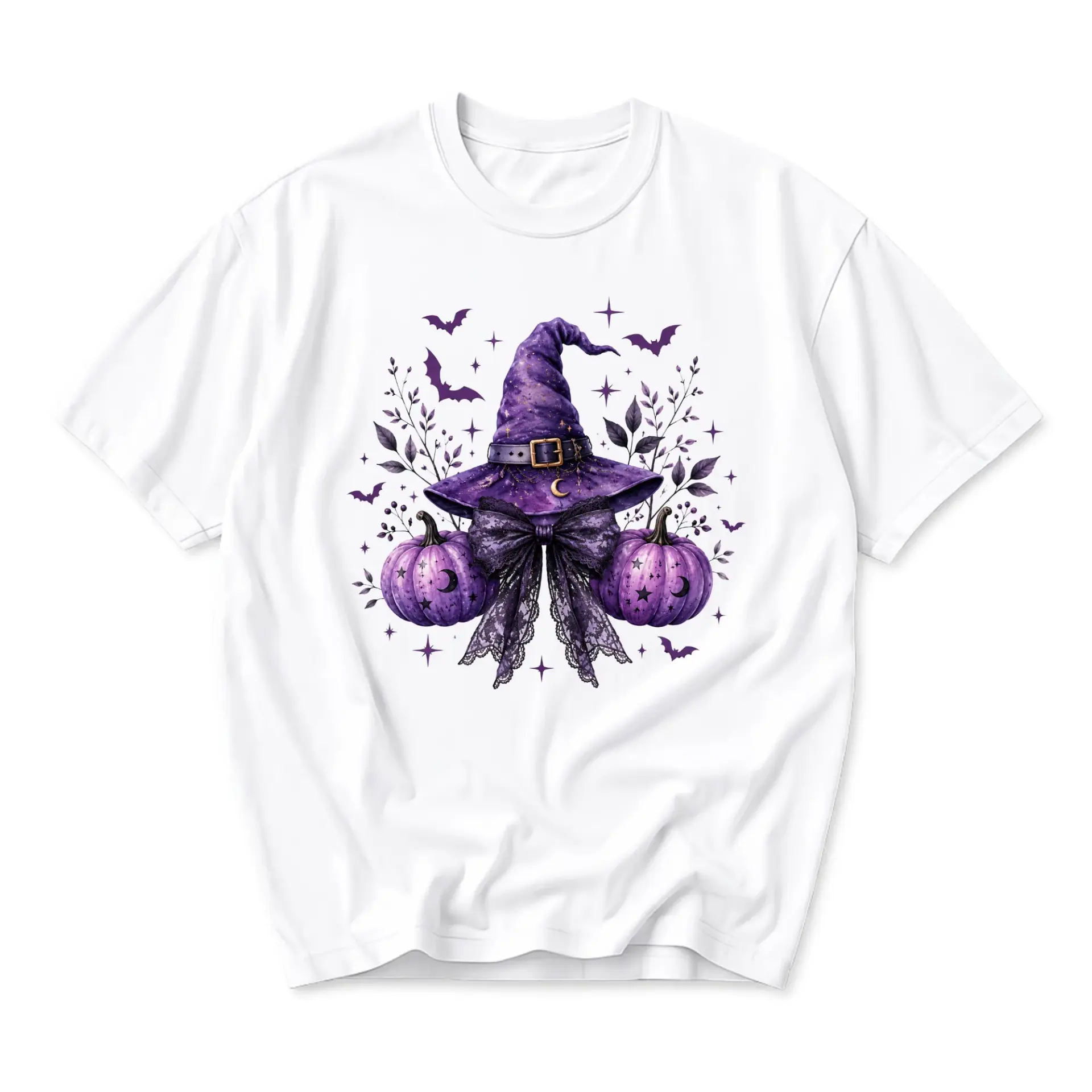 Graphic Tee Unisex Witch Hat and Purple Pumpkin Design Seasonal Halloween Inspired Casual Crew Neck Cotton T-Shirt