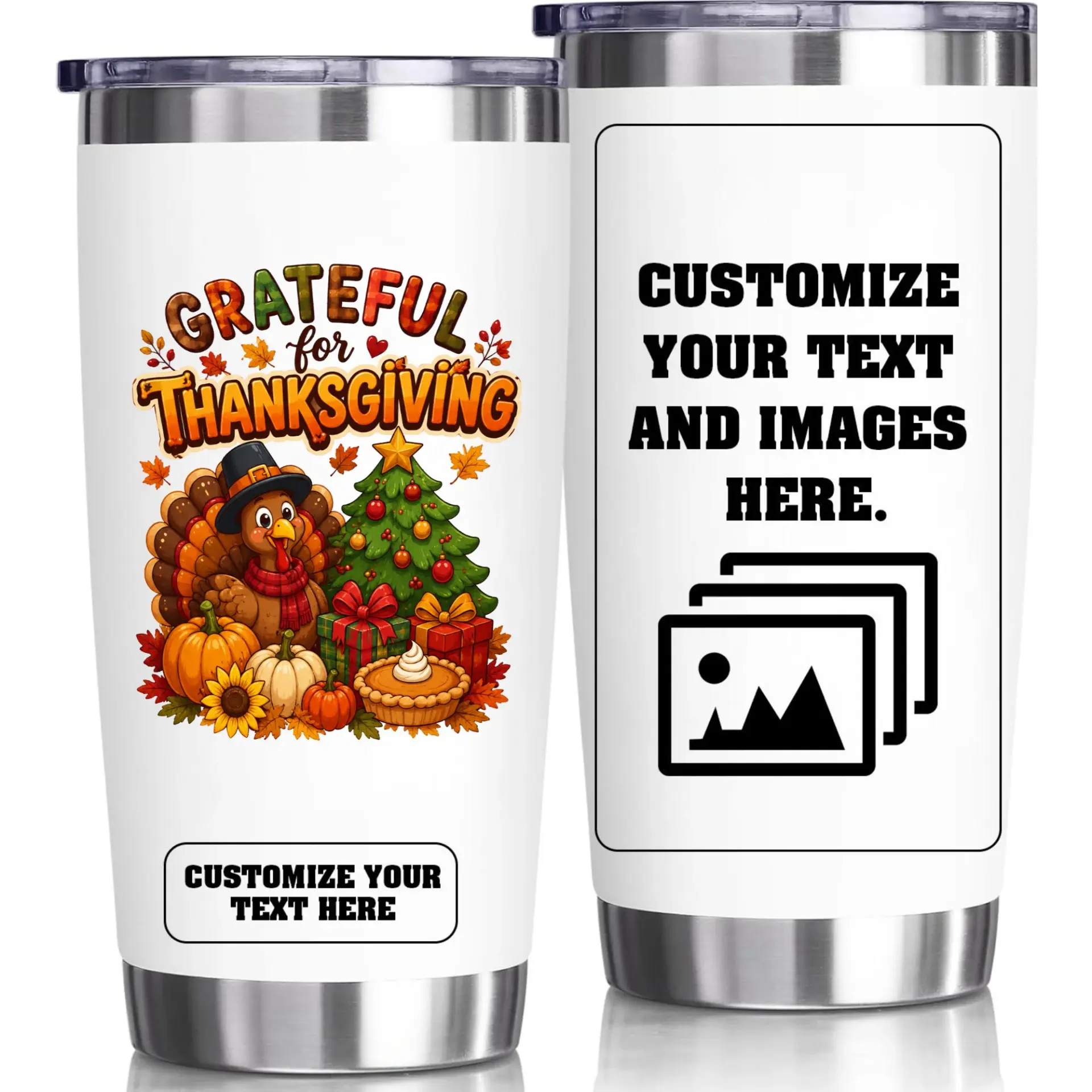 Stainless Steel Tumbler Customizable Thanksgiving Theme 20oz Insulated Cup for Hot and Cold Beverages Travel Drinkware