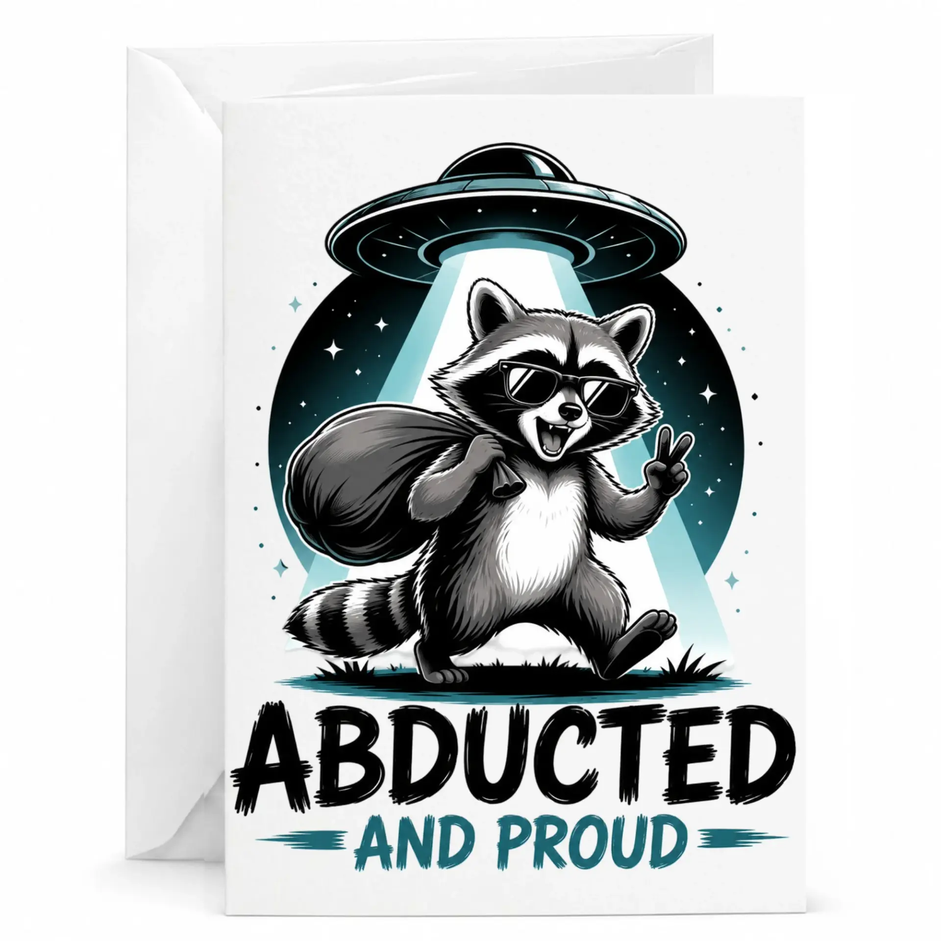 Funny Raccoon Greeting Card Abducted and Proud Theme Birthday Note with White Envelope for All Occasions