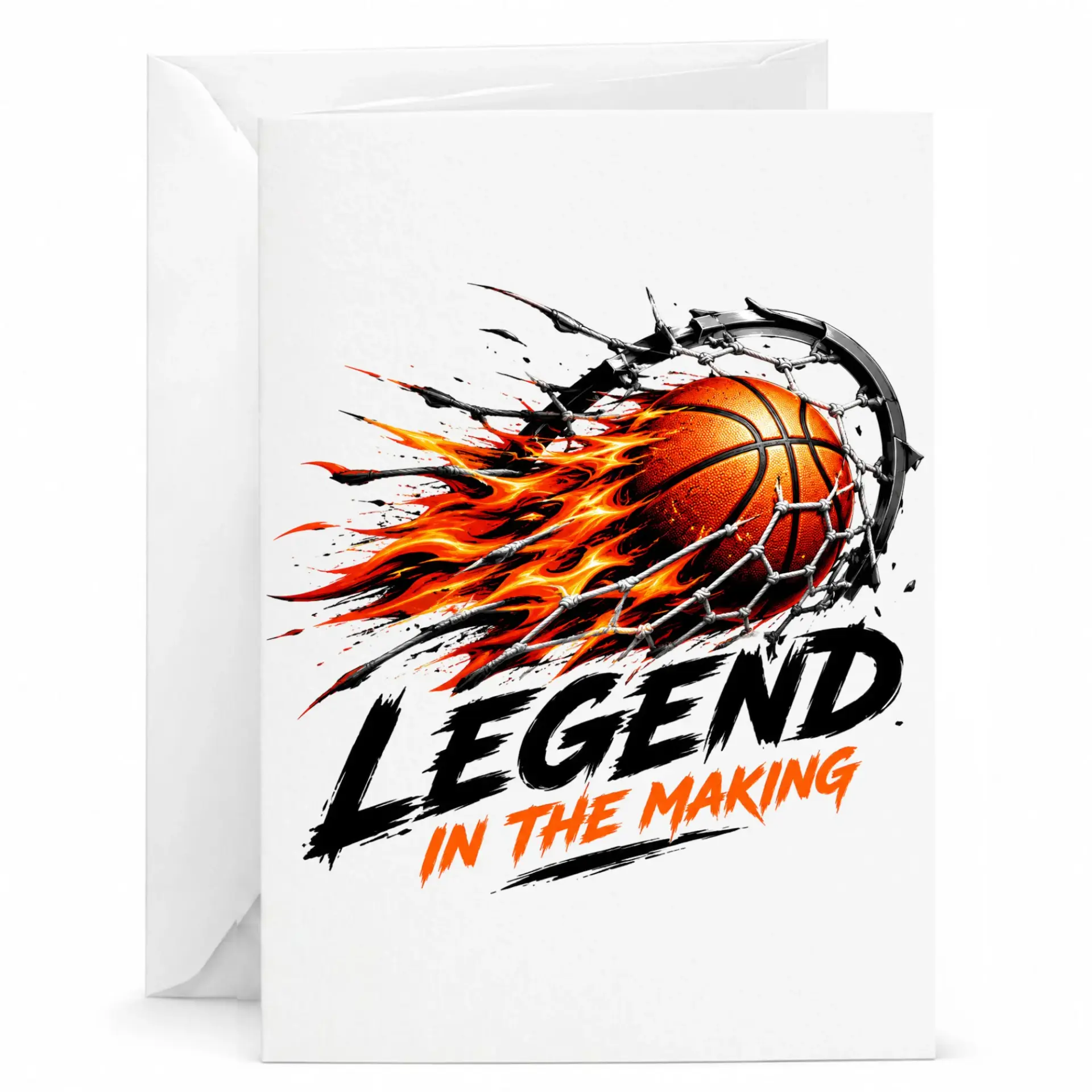 Greeting Card Legend in the Making Basketball Design Featuring Flaming Ball Through Hoop for Sports Enthusiasts