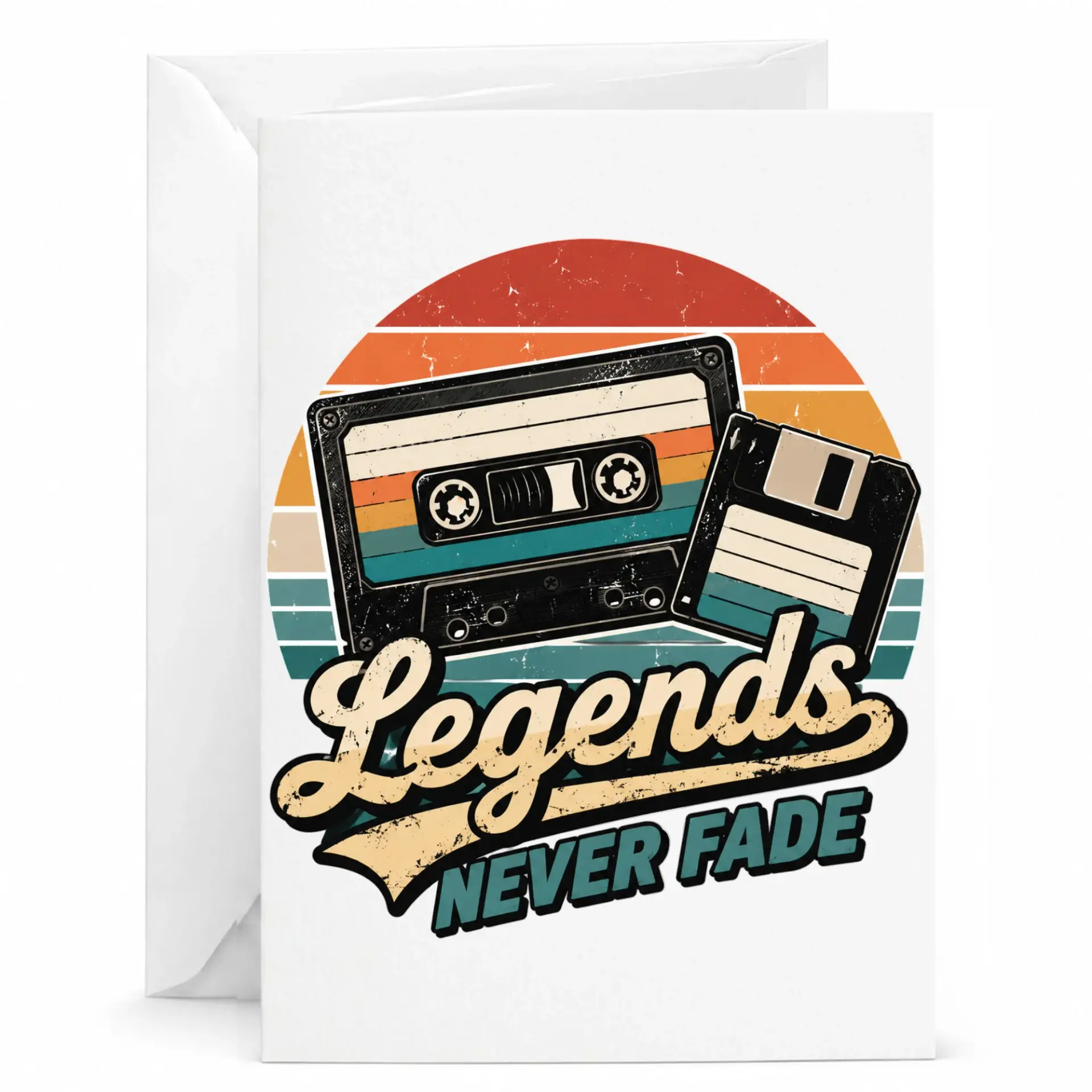 Greeting Card Legends Never Fade Retro Cassette Tape and Floppy Disk Design Nostalgic Music Technology Note Card