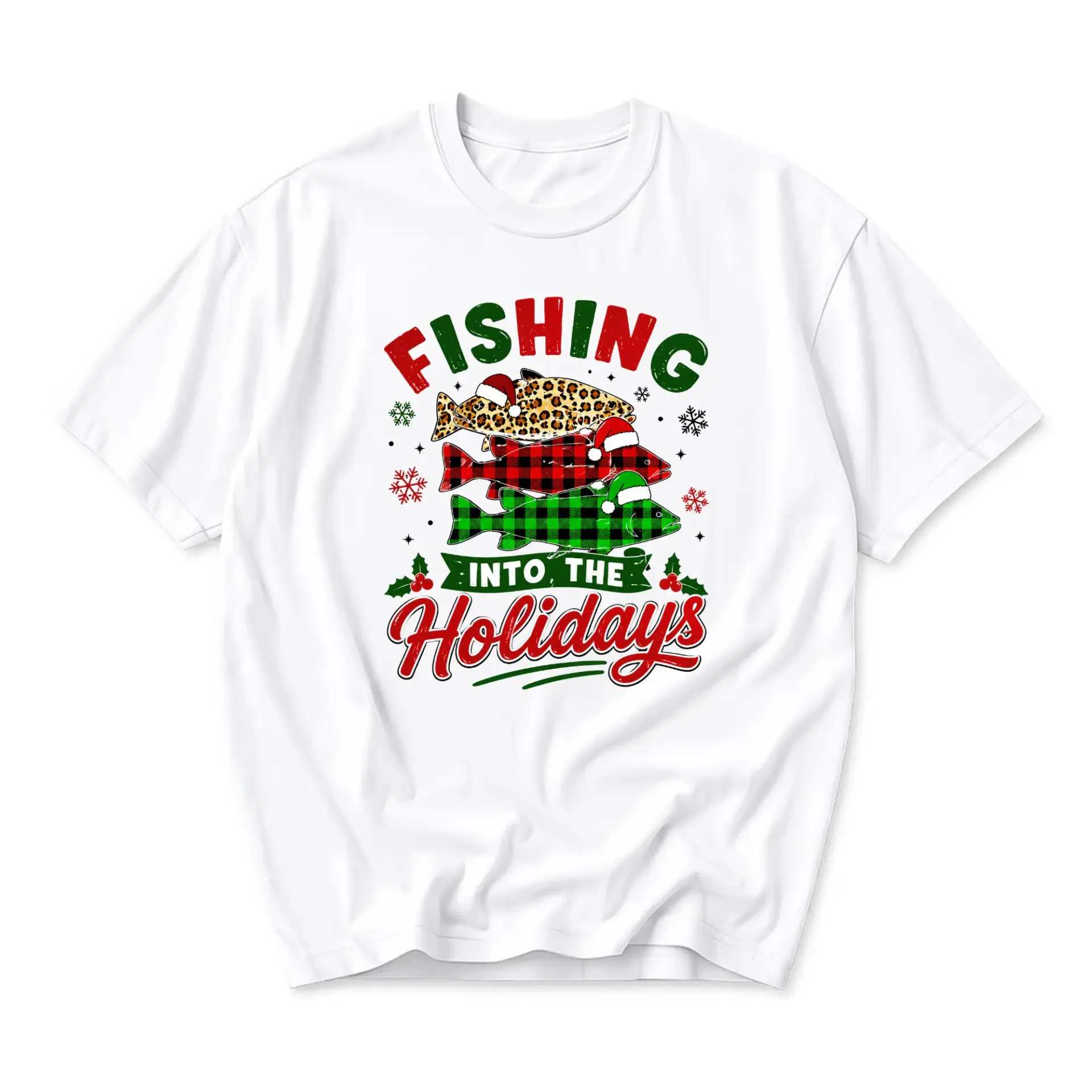 Funny Shirt Fishing into the Holidays Graphic Tee Unisex Crew Neck Short Sleeve Casual Cotton Blend Seasonal Apparel