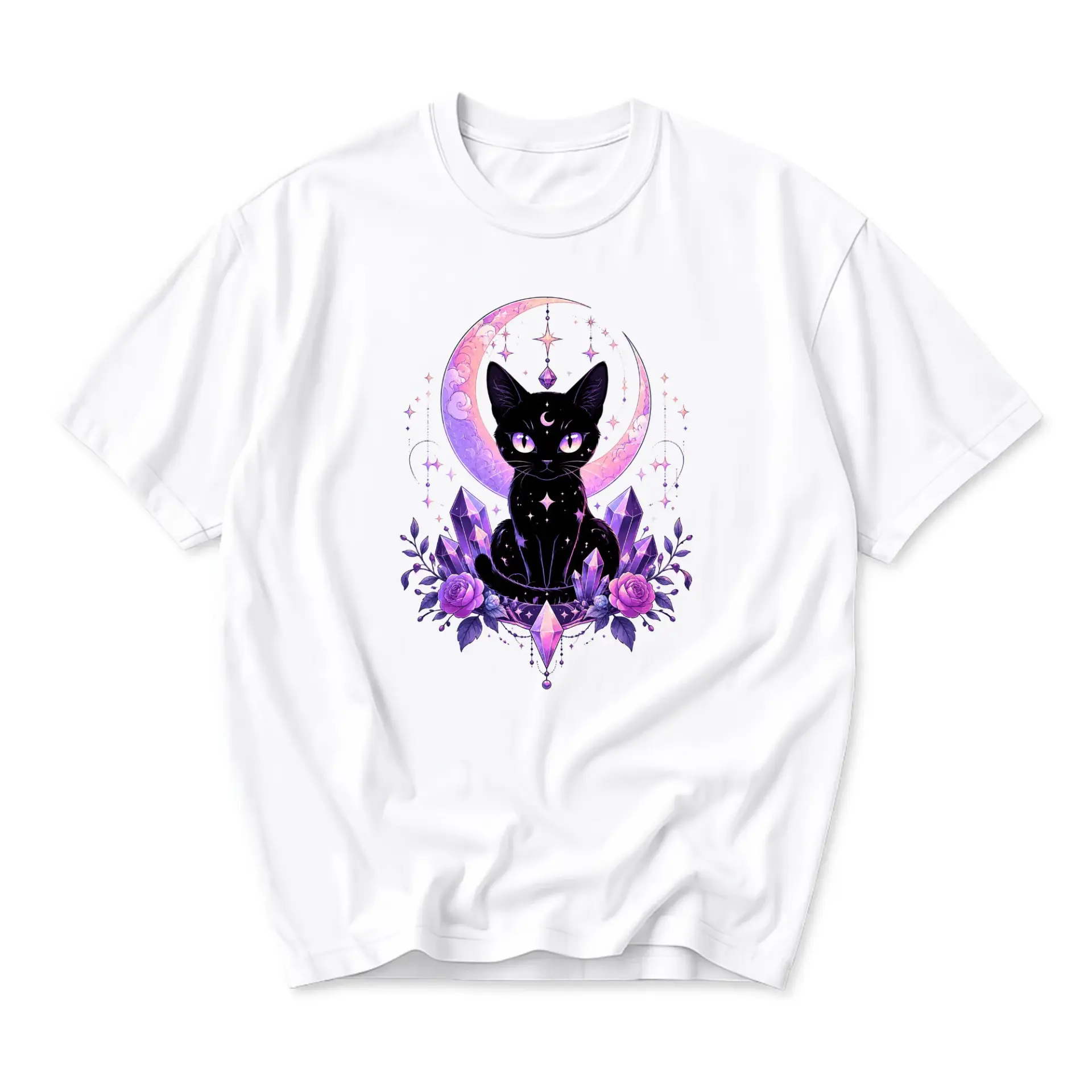 Graphic Tee Celestial Black Cat Moon Crystals Floral Print Unisex Cotton Short Sleeve Crew Neck Casual Everyday Shirt